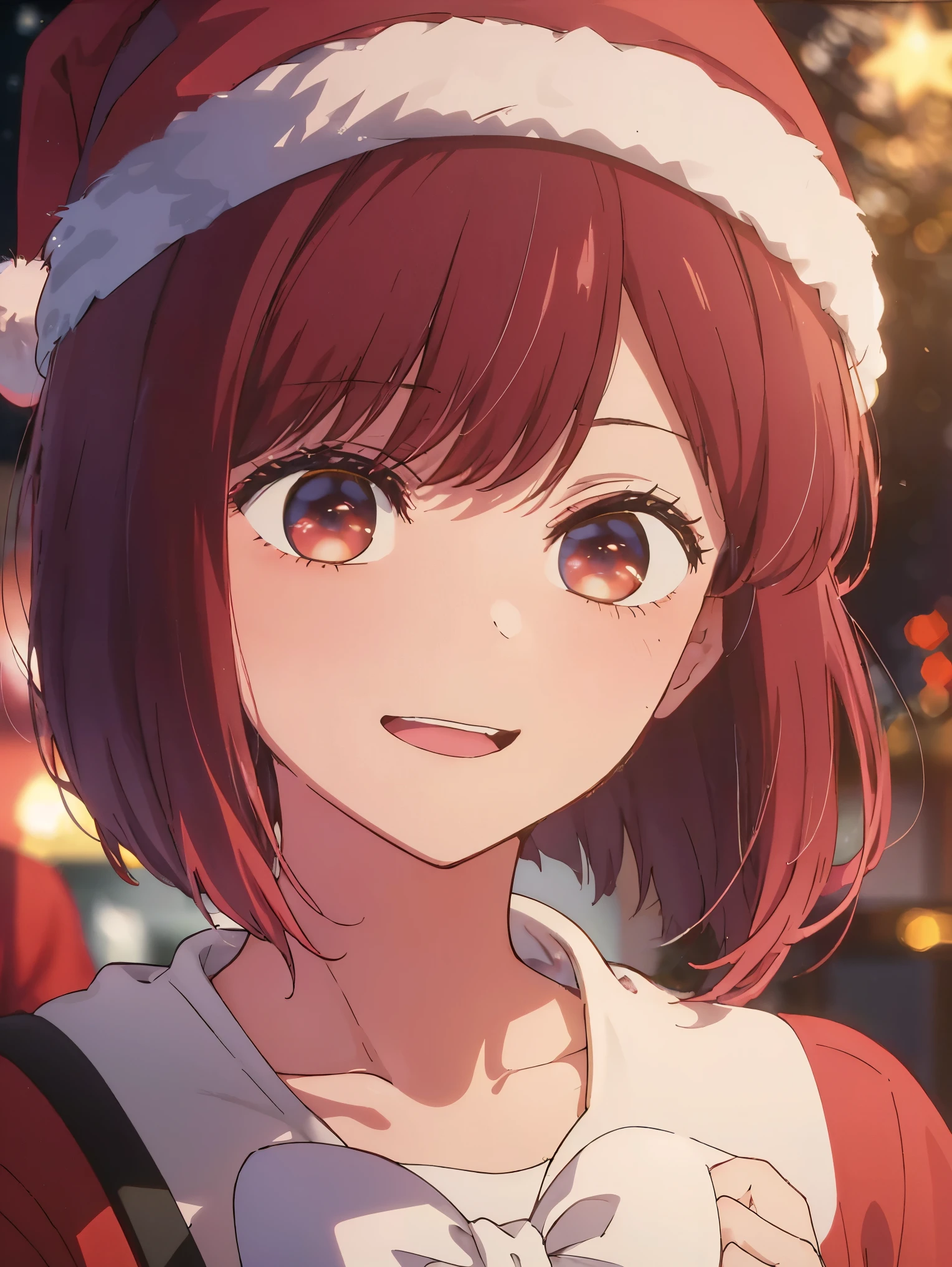 masterpiece、very detailed、(1 girl:1.2)、redhead、Big eyes、(((Close-up)))、smile、short hair、(((anime style)))、(((2D)))、red eyes、open your mouth、(((Santa Cosplay)))、(((Christmas)))、8K、