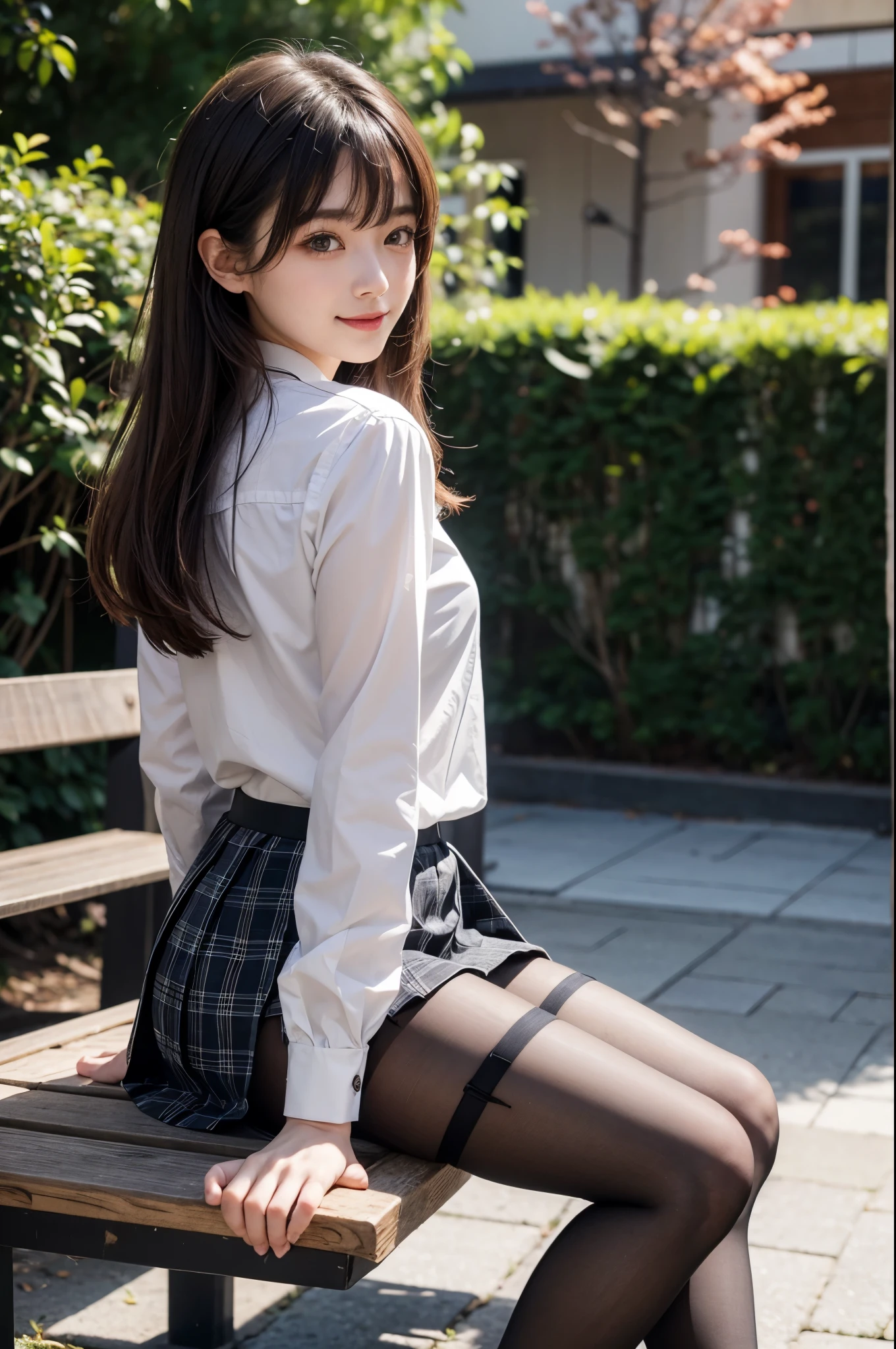 live-action、detailed,very delicately beautiful,Female student,garden、hands on the bench、（Her beautiful butt sticks out to the camera:1.5）、legs wide open、forward leaning posture、Showing off the inside of her skirt to the camera、(see-through nipples:1.1),Turning around and looking at the camera、back view、Wear with stockings,Have beautiful eyes, pretty embarrassing, No panties, pleated skirt, RAW photo, 8K, highest quality, ultra high resolution, Beautiful face in every detail, ideal skin, gentle expression,realistic, cute, short skirt, cute顔 , （日本の制服を着た超realistic女子高生）, whole body、（美しくてdetailed目）,（loafers）,(black very transparent stockings),(pantyhose),smile, （mini skirt, plaid skirt）, collared shirt,transparent white shirt,tie,bangs、(very big round breasts:1.2),（Plaid ribbon ties）,Depth of bounds written,