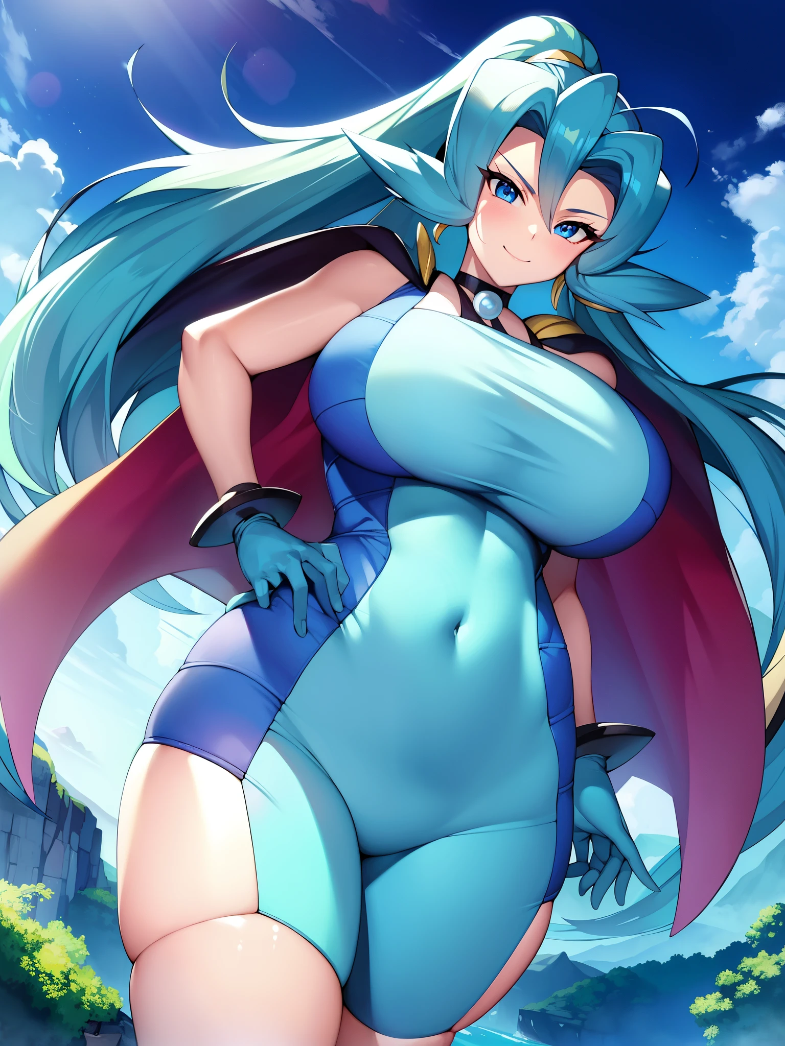 masterpiece、highest quality、Pokémon、Ibuki、big tits milf、big tits milf、big tits milf、Dragon Charmer、pkmnClair、ponytail、earrings、choker、cape、blue bodysuit、Blue gloves、bracelet、cowboy shot、look at viewer、smile、big breasts、Upper body、smile、mature woman、lake、forest