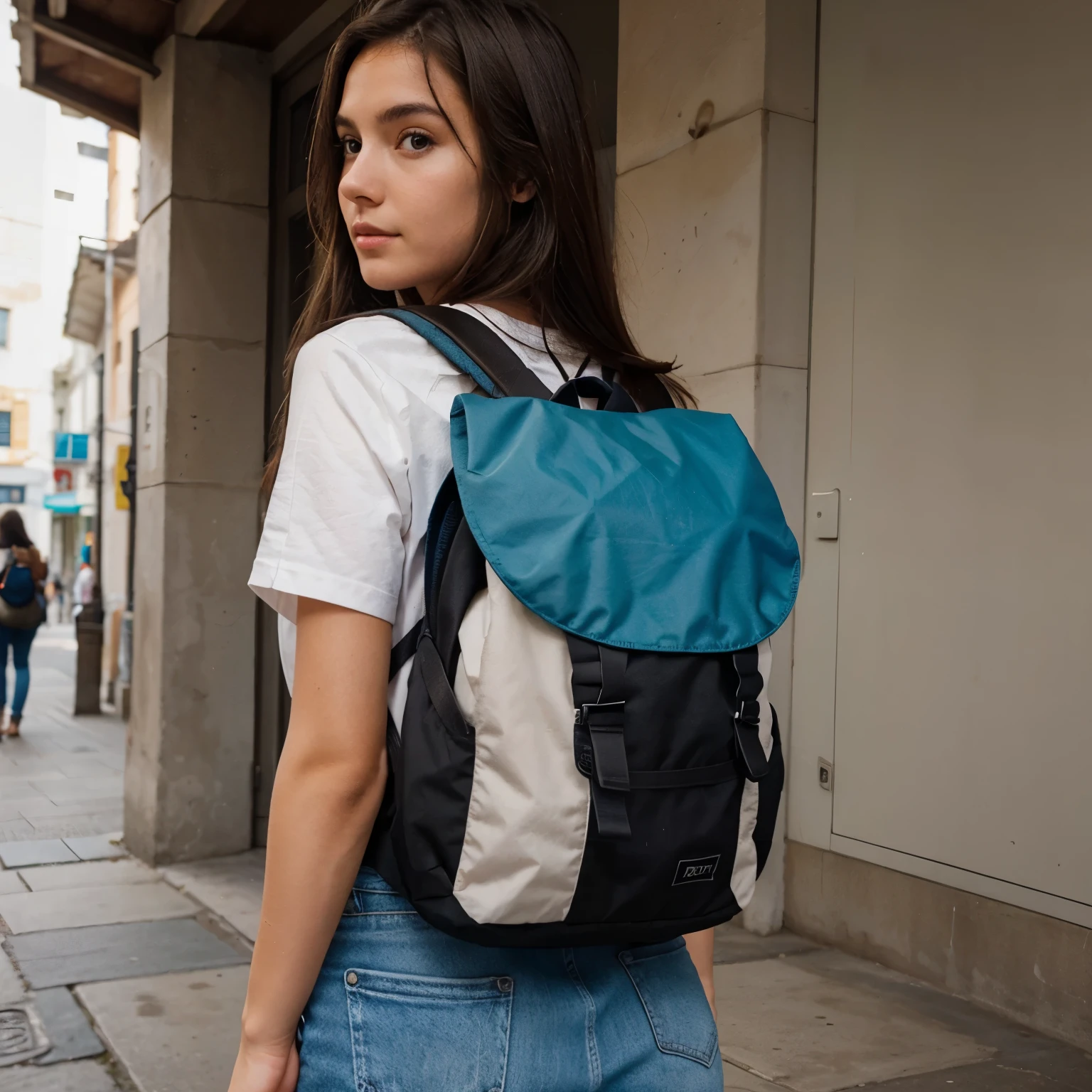 Girl backpack travel friendly innocent brunette