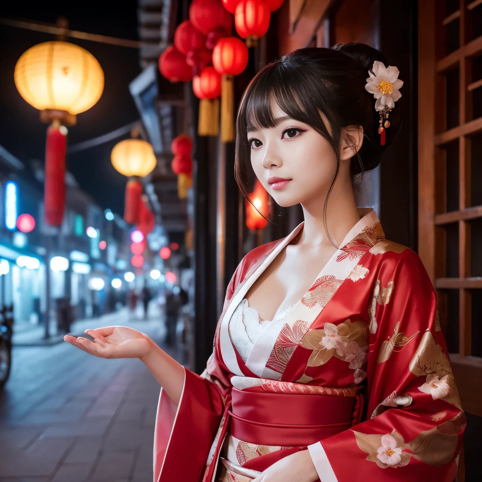 (highest quality、table top、8K、best image quality、Award-winning work、Ultra high definition)、(A very young Chinese prostitute of 10 years old:1.2)、The most luxurious and elegant hair ornament for courtesans、Elegant long-sleeved kimono of the most luxurious and elegant prostitute、(胸と肩が露わになった妓女のelegant red kimono:1.2)、(Red furisode that exposes the chest and shoulders:1.2)、The most elegant and cute prostitute、elegant red kimono、Small cleavage、small breasts、perfect makeup、A bewitching smile staring at me、red eyeshadow、Ultra high definitionの光沢のある唇、glossy dark lipstick、Ultra high definitionの煌めく瞳、Ultra high definitionの美しい歯、Ultra high definitionの髪の毛、Ultra high definitionの艶のある美肌、Ultra high definitionの幼くて可愛い顔、(accurate anatomy:1.1)、(close up of face:1.3)、standing elegantly、Clothes that do not expose skin、The most elegant hairstyle、the most romantic atmosphere、blurred background、The moodiest appearance of a Chinese garrison、(The most moody lantern lighting:1.1)、(the moodiest red fog:1.2)、The most natural and perfect appearance of a garrison house、precise and perfect architecture、完璧な本物の中国のred light district、Exterior view of the most glamorous Chinese garrison house、Flower Street、brothel、red light district、House of