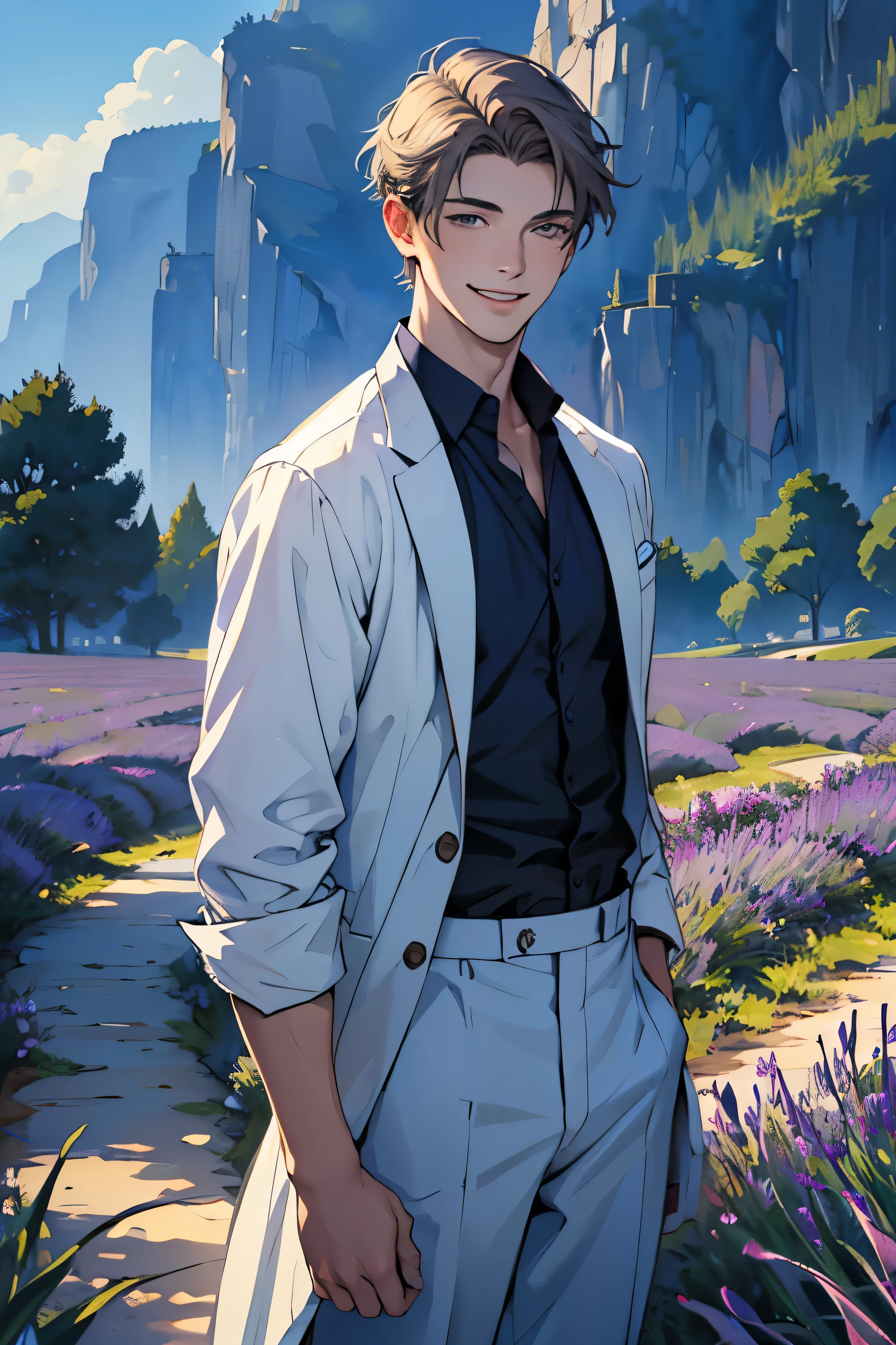 figure,Unorganized resolution, High resolution,(masterpiece: 1.4),pale watercolor-like paint,male,male, A beautiful boy with distinct features,smile,Lavender fields,Are standing