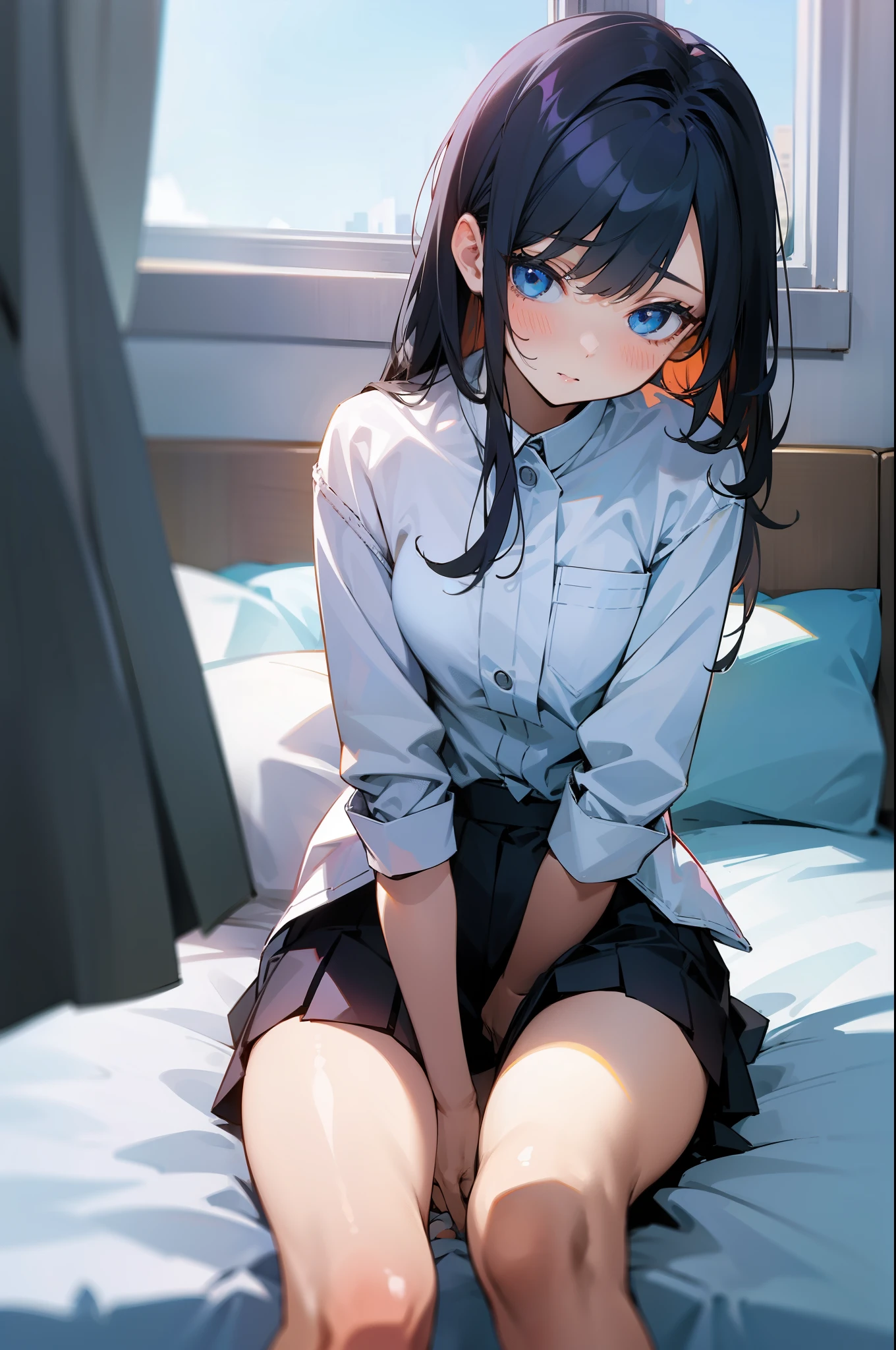 1girl, medium dark blue hair, blue eyes, wearing pink skirt, black leggings, black boots, white and black hat, bedroom, nsfw, absurdres, high res, ultrasharp, 8K, masterpiece, looking at viewer