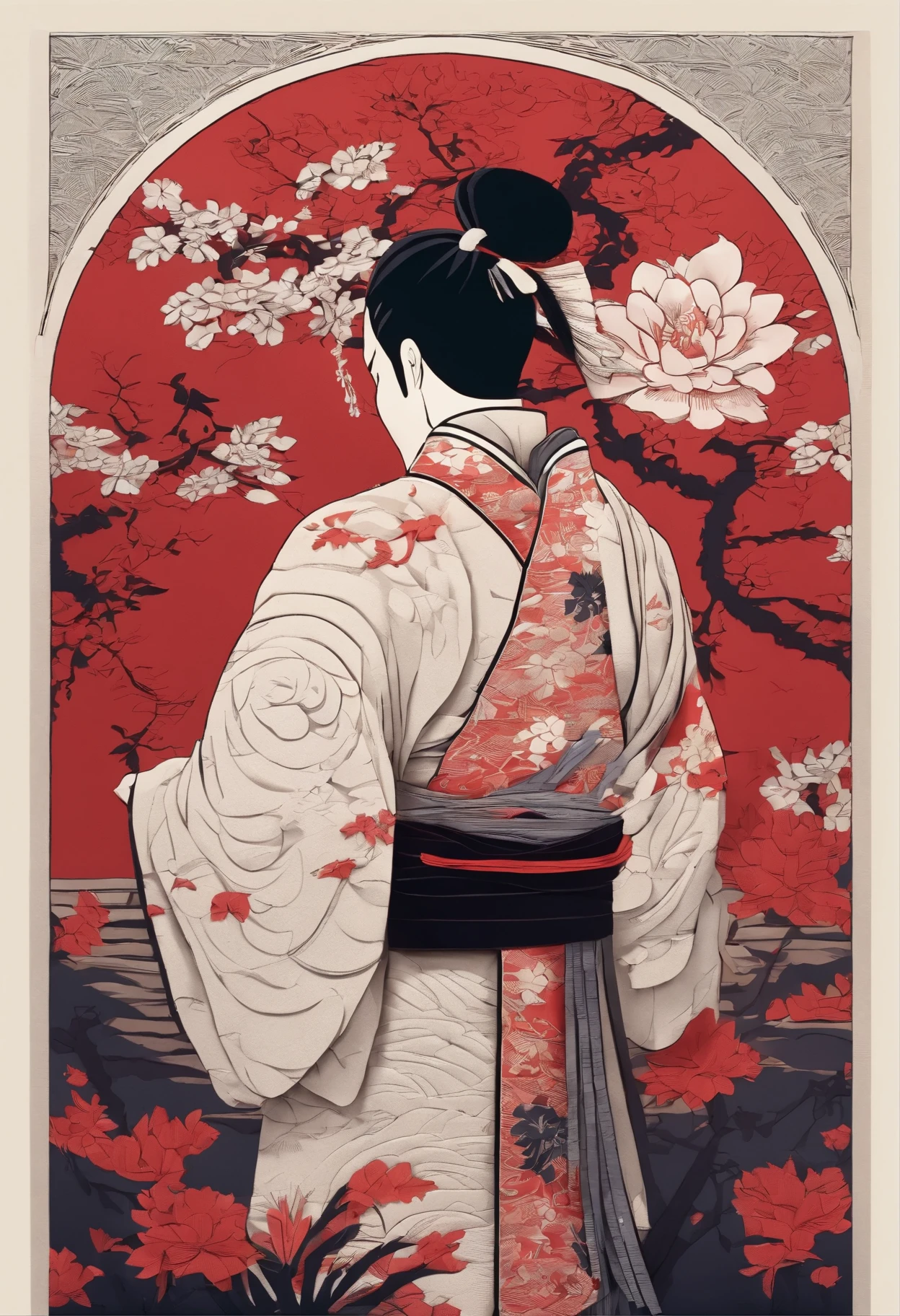 A man wearing a red and black kimono,Has dark purple hair,his face is serious,black eye,He has a sword hilt that radiates energy like water.