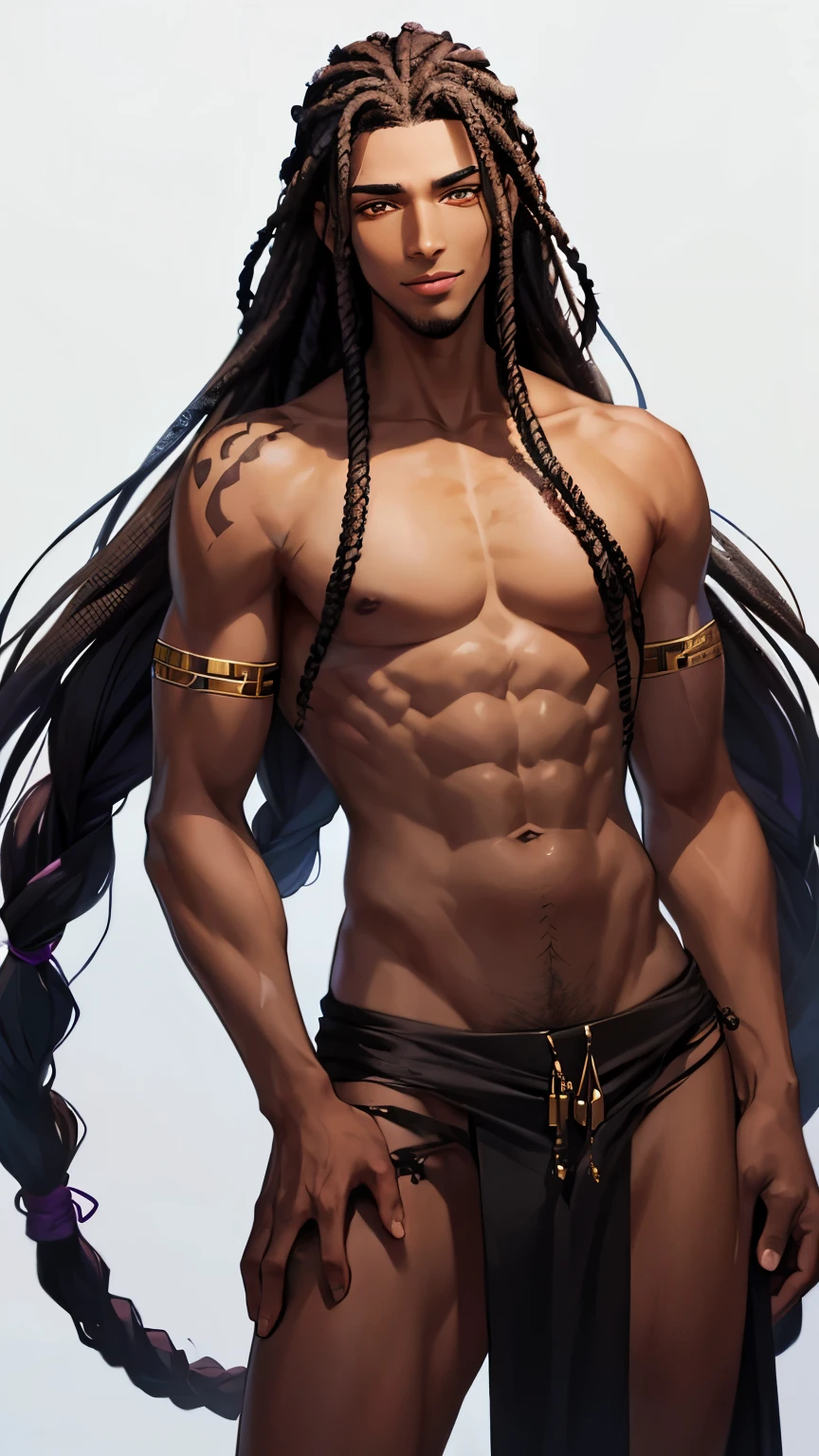 A young, tall, and toned black-skinned man with long, dark brown dreadlocks, purple irises and handsome features. He has vitiligo spreading over his entire body in small patches and long, slim fingers ending in long, pointy nails. He has thin lips and a small knowing smile.
