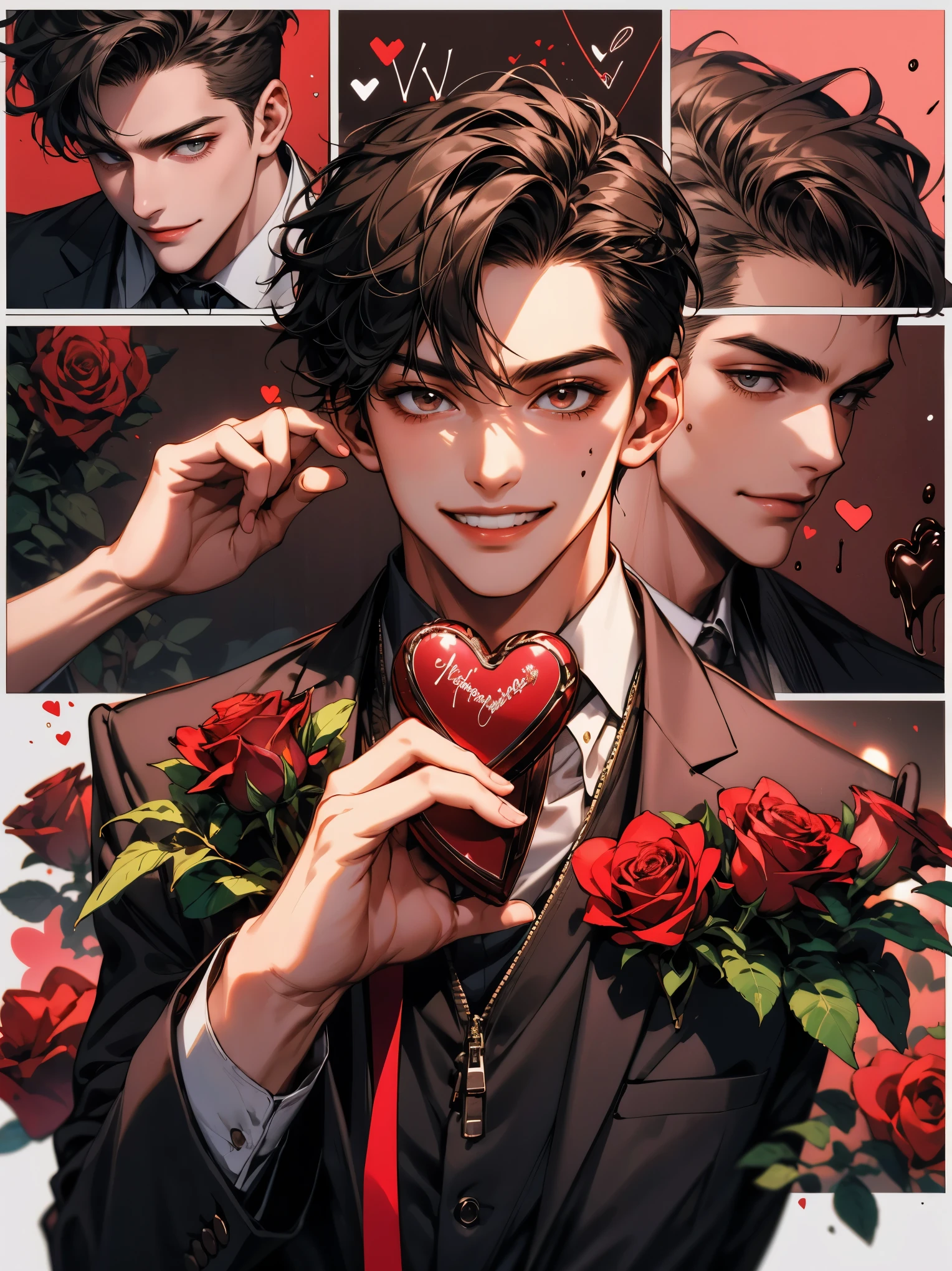 masterpiece, collage of teenage boy, valentine, happy, smile, chocolate, roses, hearts