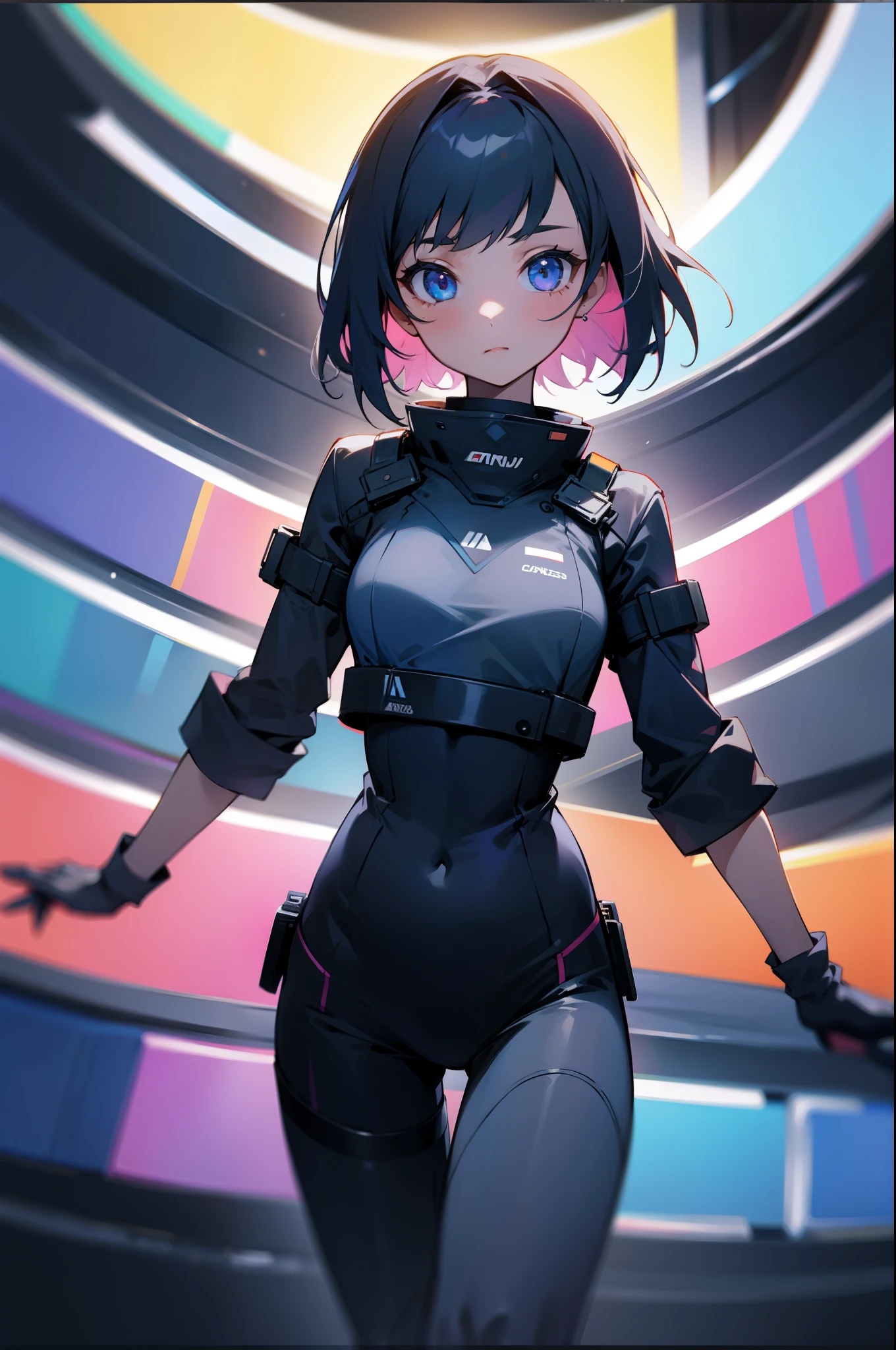 Anime girl with short light blue hair with a cell phone in her hands ,,pelvis pov ,tight clothes