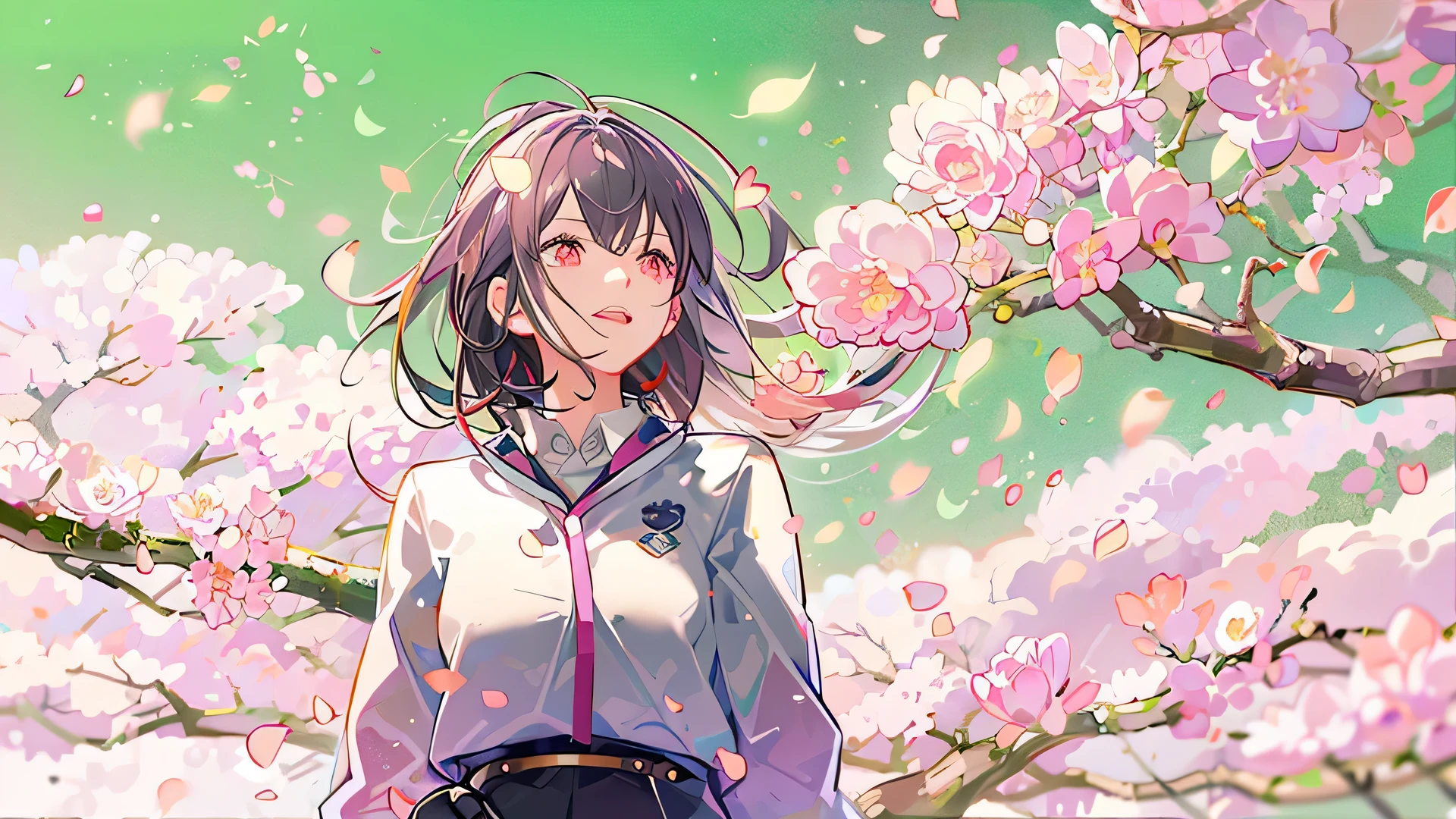 masterpiece, highest quality, 1 girl, Upper body, bright, uniform, soft lighting, Happy, cherry blossom petals, SakuraFubuki, Asahi, abstract, volume lighting, Asahi