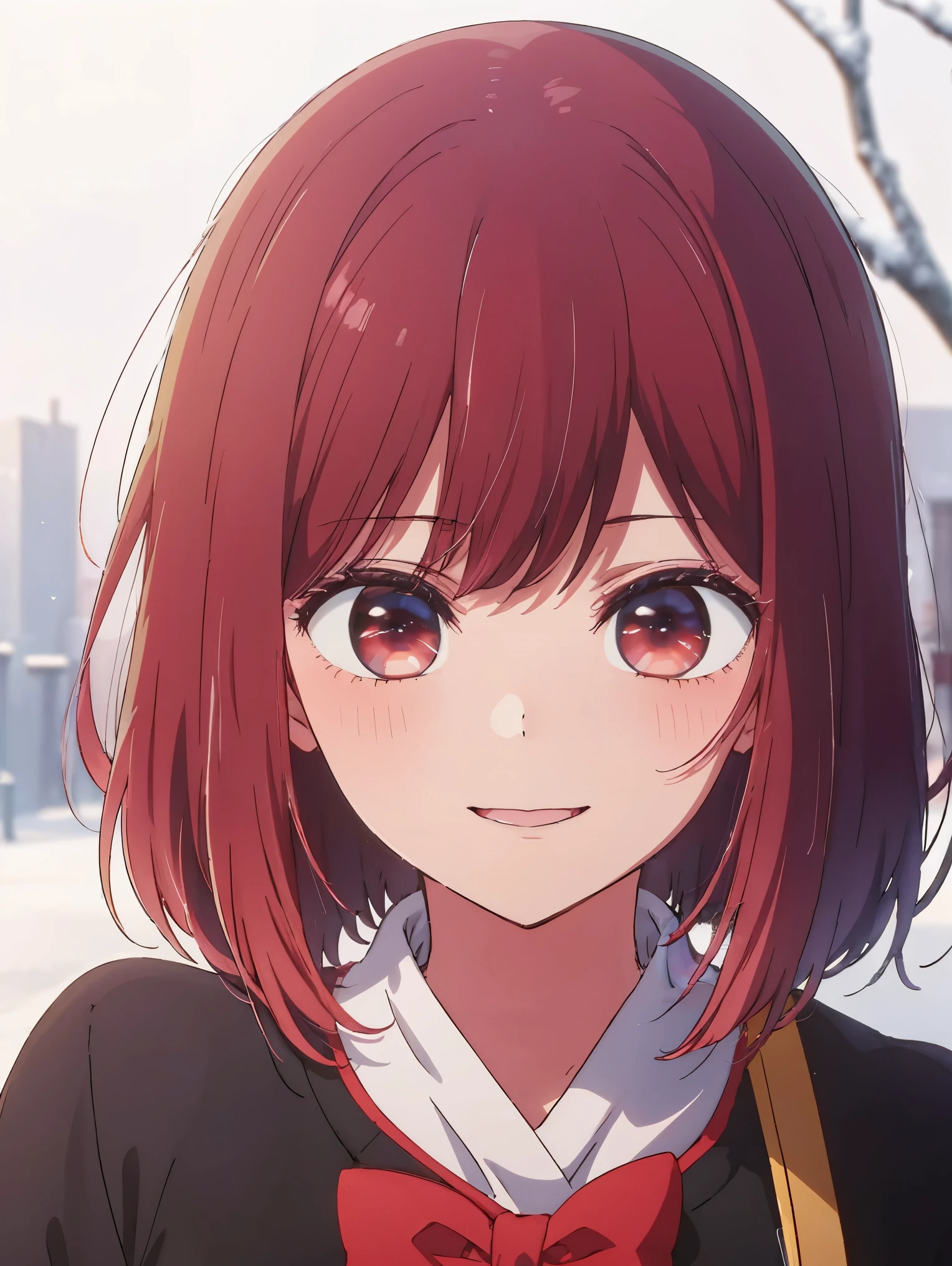 masterpiece、very detailed、(1 girl:1.2)、redhead、Big eyes、(((Close-up)))、smile、short hair、(((anime style)))、(((2D)))、red eyes、open your mouth、(((Winter clothes)))、8K、