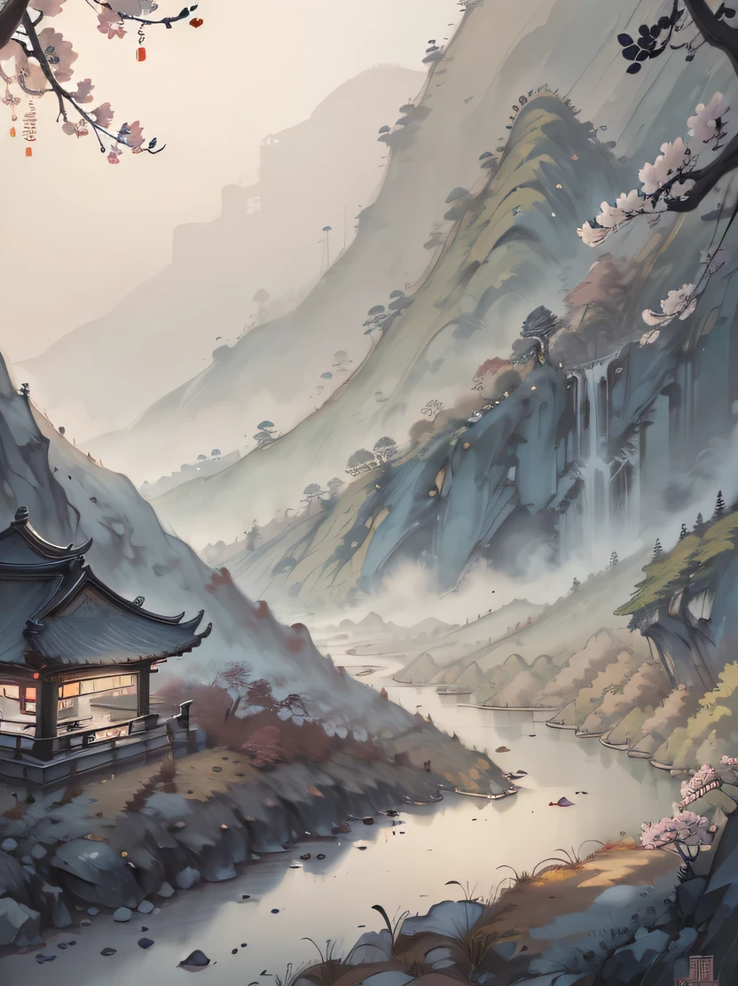 ((masterpiece、highest quality、genuine、Super detailed、High resolution))、traditional chinese style、Landscape painting、白と黒の中国ink、水彩ink、ink、Chinese-style temple、spring、dense forest、lake、cave、waterfall、forest、grassland、rock、deer、暖かいspring、water vapor、ultra wide angle lens、ancient chinese poetry、Shuimobisim