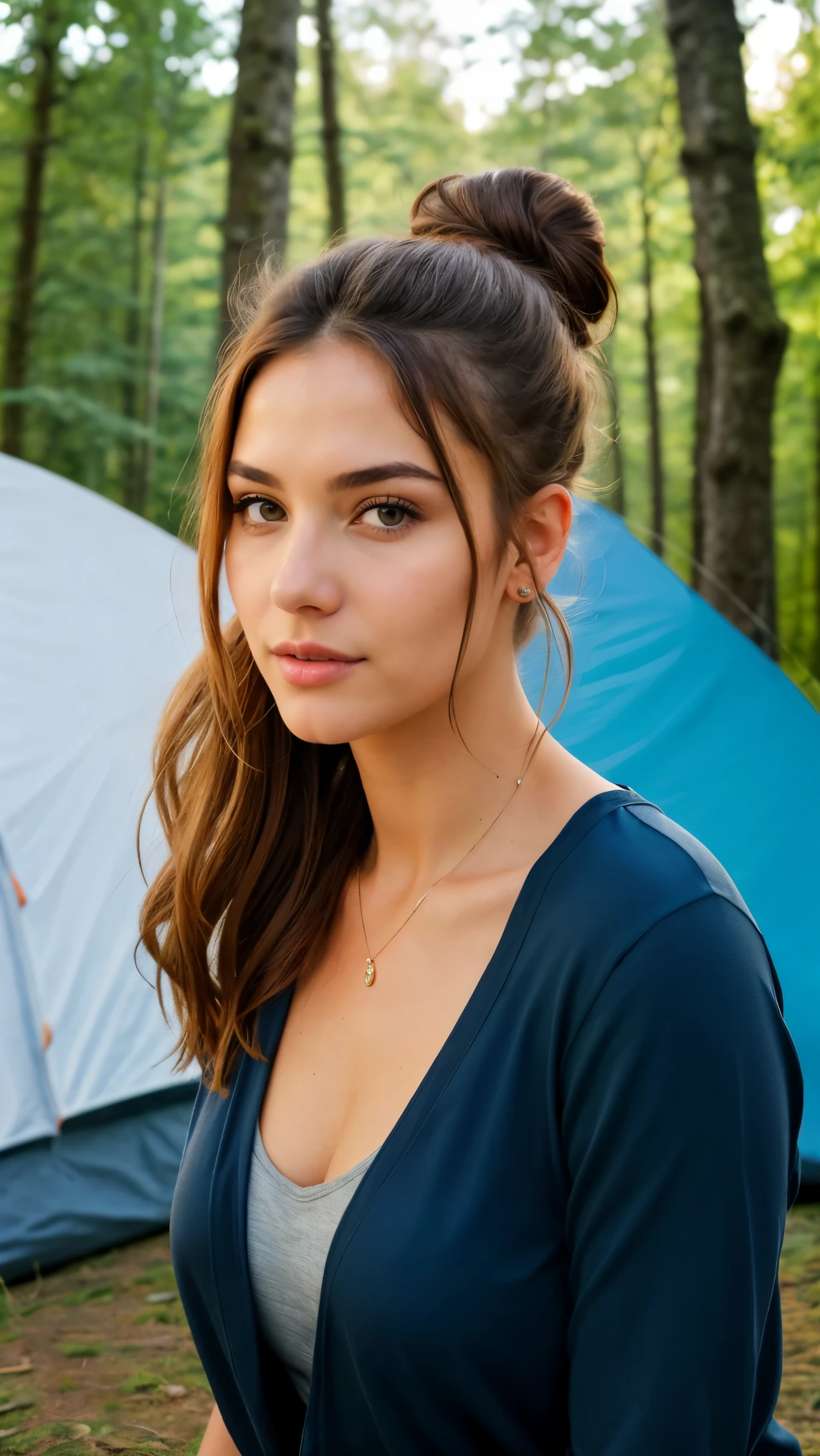 a pretty woman dressed in camping clothes with hair in a bun body portrait perfect face pretty with perfect face hyper realistic concept 8k resolution photo quality posing for a picture realistic photo in forest with tent