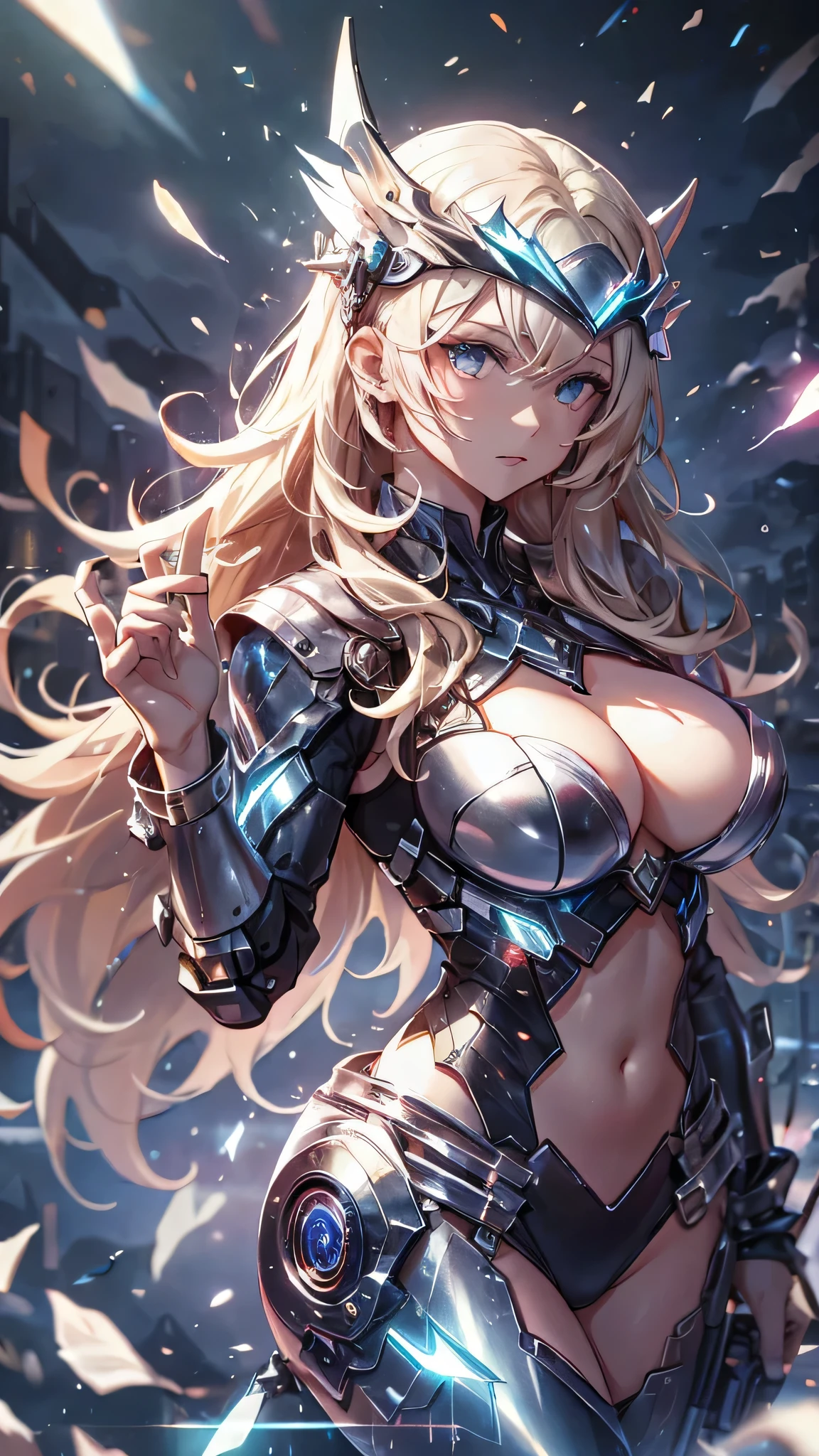 最high quality、best image quality、masterpiece、Android Girl((Robot body、20-year-old、 By becoming、vest bust、medium bust,wide open breast tea、black eye, blonde hair、long hair、thin,highest valley、glowing battle uniform、elationのある動き、Leaning forward heavily、Feeling of sprinting、glowing head visor、carry two handguns)),high quality、beautiful art、background((huge hall venue、high speed、Red laser))、debris flies、書かれた境界のdepth、movie、visual art、perfect art、8K,genuine、elation、Dynamic expression(1:2)、elation、depth((big explosion))