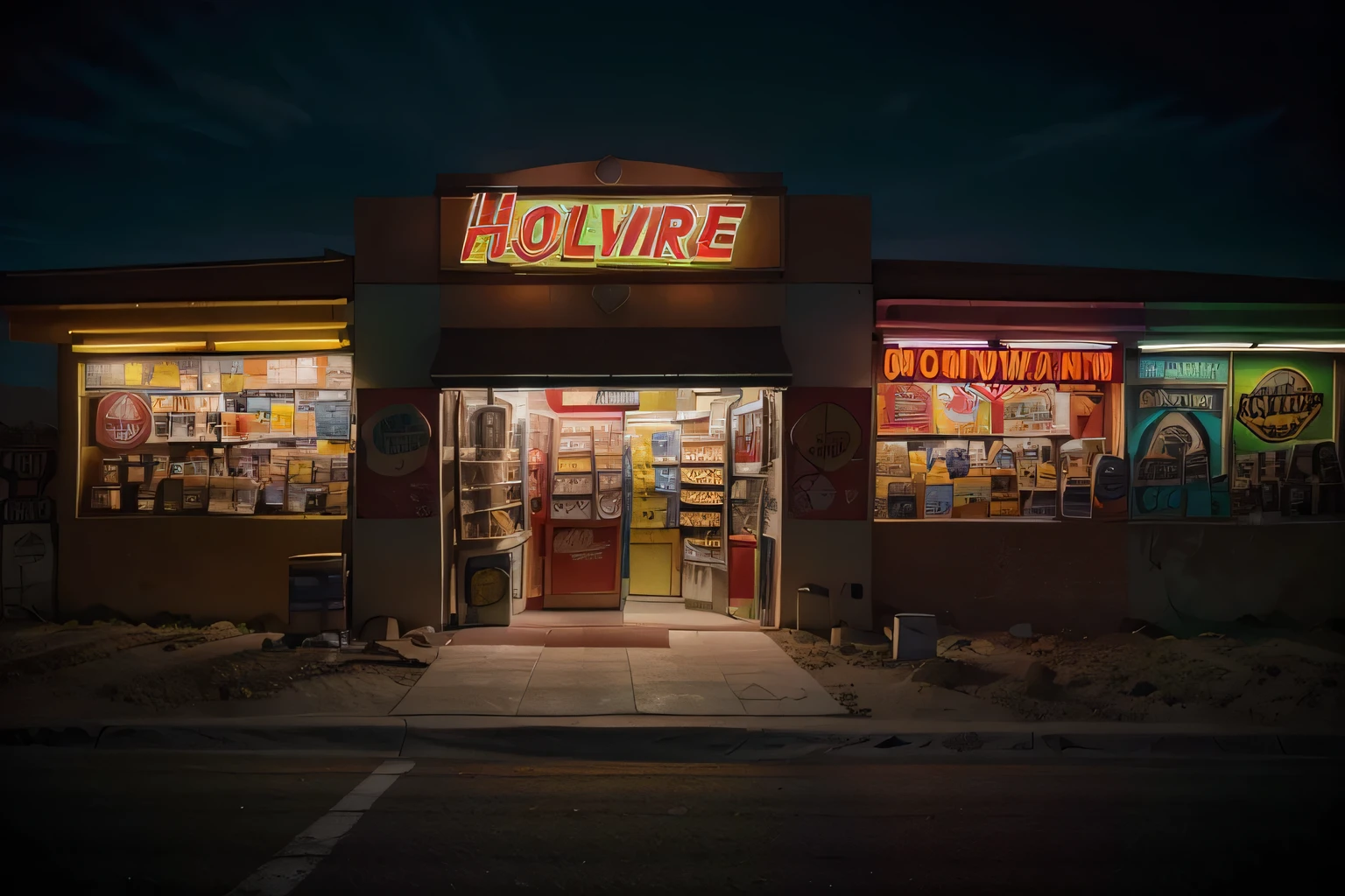 ((illustration)), ((paleta de cores vibrantes)), dynamic course, ((exaggerated expressions)), sombreamento detalhado: A convenience store in the dark desert, ((Estilo Hollywood)), of horror films with aliens with ((dramatic expressions)), a ((atmosfera escura)) stunning scenery and color palette.
