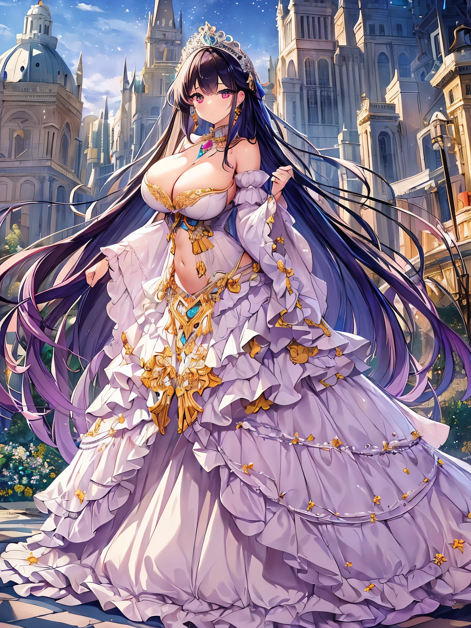 anime artstyle,Masterpiece,Best Quality,Super Detail,((Very Delicate and Beautiful)),(((1 princess in beautiful embroidery and jeweled gorgeous rococo ballgown with voluminous hoop skirt))),((Solo)),((winter garden with snow,sonw,sky)),((outdoor)),(((full body))),(very gigantic ,clea),((gigantic tits,cleavagggingskindentation,(deed face and eyes),jewel-like eyes,((extremely voluminous straight Hair,Extremely Long Straight Hair)),((gorgeousfull embroidery and lace,beautiful embroidery and jeweled)),Gorgeous Gemstone Jewelry,gorgeous corsage,((gorgeous hair ornament,glitter jeweled gorgeous big tiara)),((full body)),((beautiful embroidery and jeweled gorgeous rococo ballgown with voluminous hoop skirt)),(crinoline),((winter garden with snow,sonw,snowflake,outdoor,sky)),Looking at viewer,dynamic angle,(((beautiful embroidery and jeweled gorgeous rococo ballgown with voluminous hoop skirt))),(gorgeous rococo ballgown),(full body)