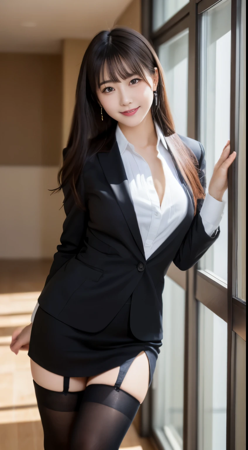 table top, highest quality, figure, super detailed, finely, High resolution, 8k wallpaper, 完璧なダイナミックな構figure, beautiful and fine eyes, business suit，natural color lip, smile、25 year old girl，Wearing black tights and stockings，