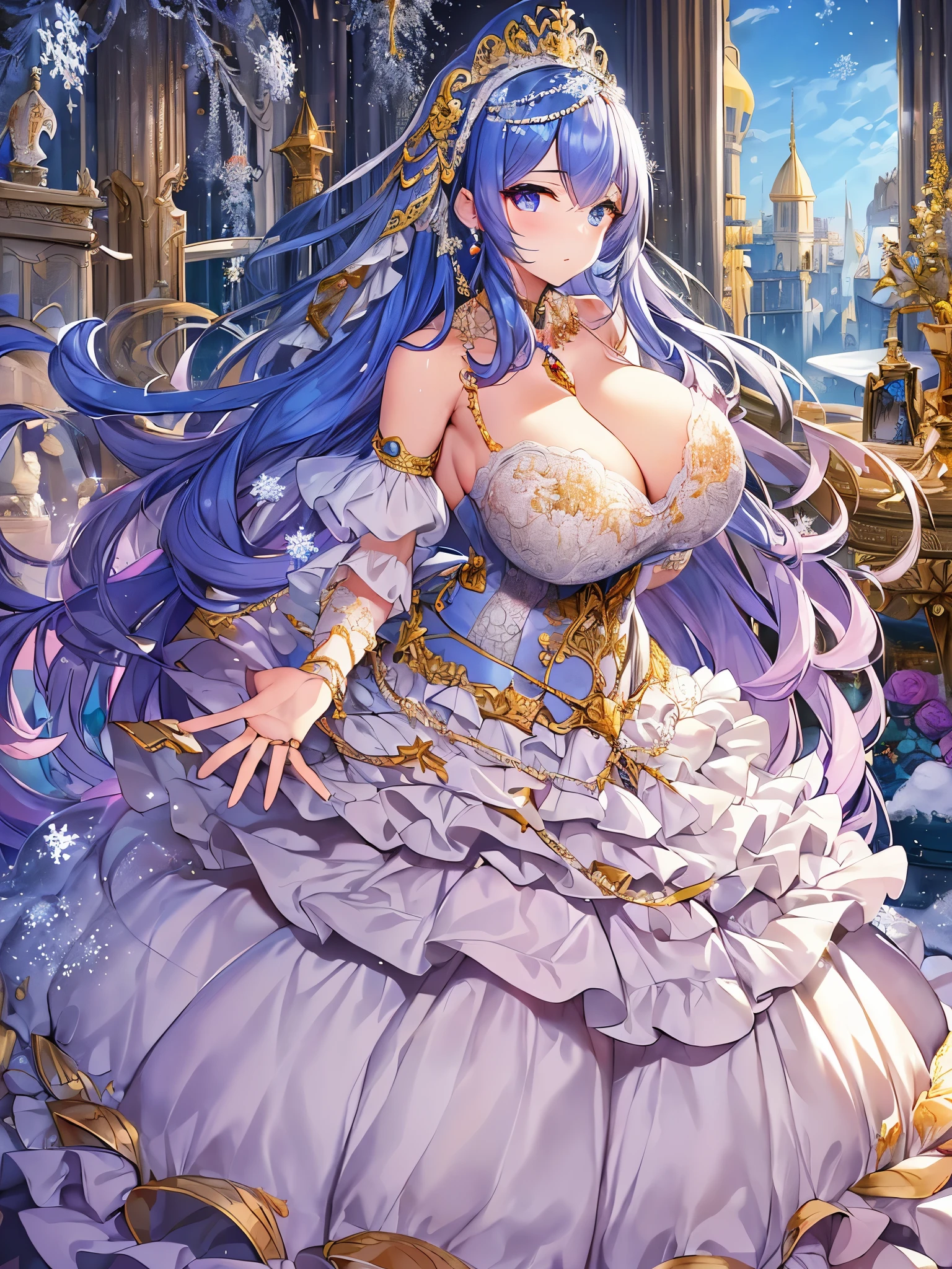 anime artstyle,Masterpiece,Best Quality,Super Detail,((Very Delicate and Beautiful)),(((1 princess in beautiful embroidery and jeweled gorgeous rococo ballgown with voluminous hoop skirt))),((Solo)),((winter garden with snow,sonw,sky)),((outdoor)),(((full body))),(very gigantic tits,cleavage:1.7),((gigantic tits,cleavage,sagging tits)),skindentation,(detailed face and eyes),jewel-like eyes,((extremely voluminous straight Hair,Extremely Long Straight Hair)),((gorgeousfull embroidery and lace,beautiful embroidery and jeweled)),Gorgeous Gemstone Jewelry,gorgeous corsage,((gorgeous hair ornament,glitter jeweled gorgeous big tiara)),((full body)),((beautiful embroidery and jeweled gorgeous rococo ballgown with voluminous hoop skirt)),(crinoline),((winter garden with snow,sonw,snowflake,outdoor,sky)),Looking at viewer,dynamic angle,(((beautiful embroidery and jeweled gorgeous rococo ballgown with voluminous hoop skirt))),(gorgeous rococo ballgown),(full body)