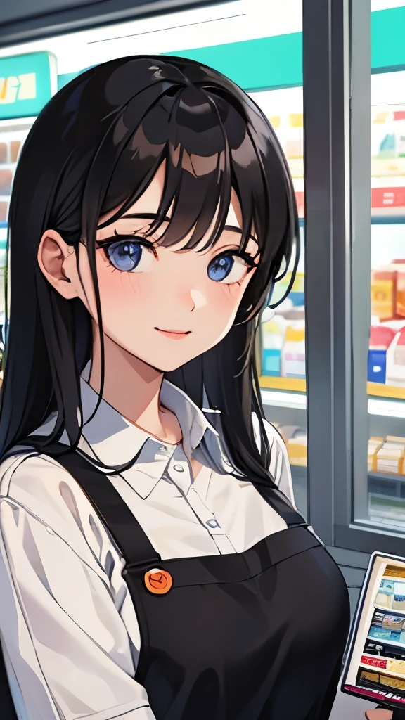 20-year-old、college age girl、Hair is black、long black hair、very cute、Convenience store clerk、working at a convenience store、very smiling、close up of face、upward glance、From above