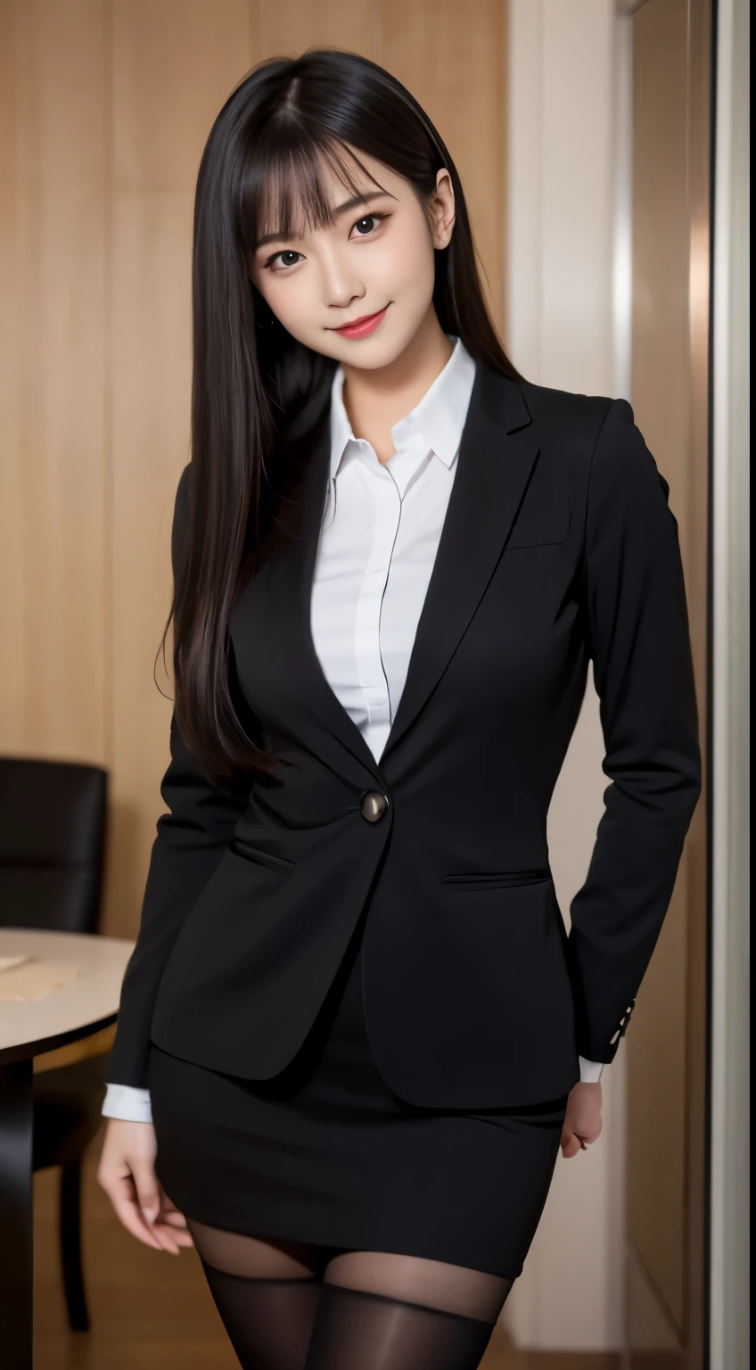 table top, highest quality, figure, super detailed, finely, High resolution, 8k wallpaper, 完璧なダイナミックな構figure, beautiful and fine eyes, business suit,natural color lip, smile、25 year old girl,Wearing black tights and stockings,