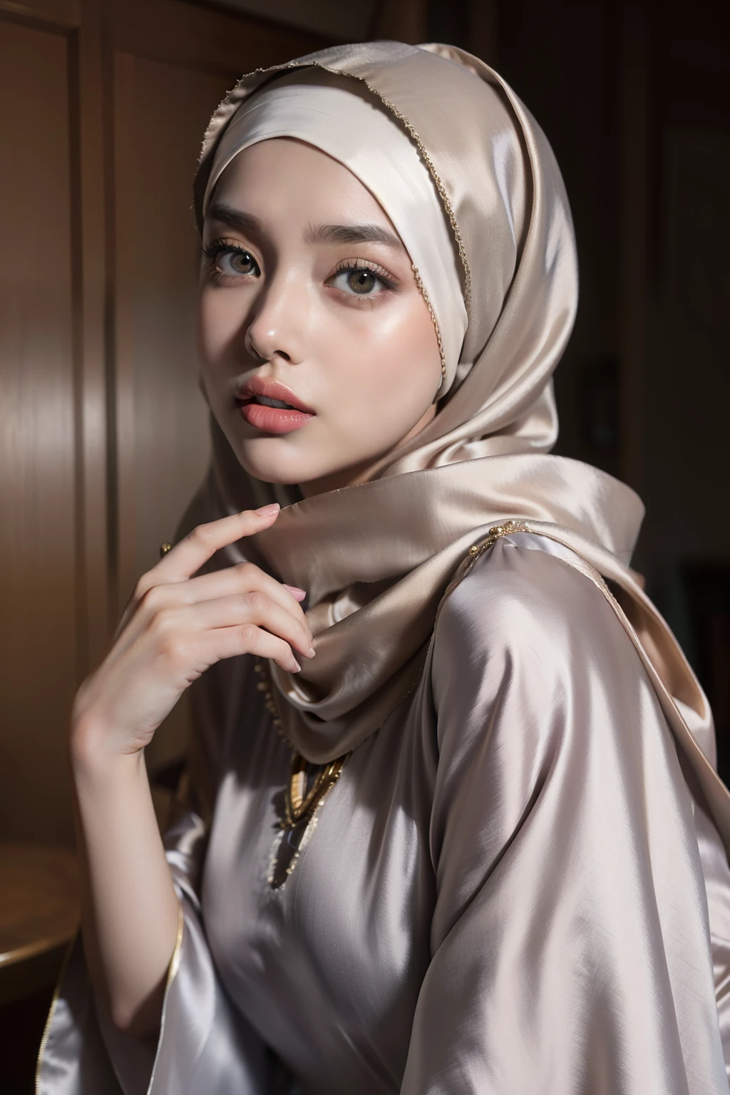 (Masterpiece, best quality, photography, detailed skin, realistic, photo-realistic, 8k, highly detailed, full length frame, High detail RAW color art, diffused soft lighting, shallow depth of field, sharp focus, hyperrealism, cinematic lighting, hijab, a woman in a beautifully makeup, eyeshadow, beautiful big eyes, long eye lashes, wearing (Gray satin hijab), loosely tide hijab style, ((Taupe satin kaftan)), asian face, cute asian, moist skin