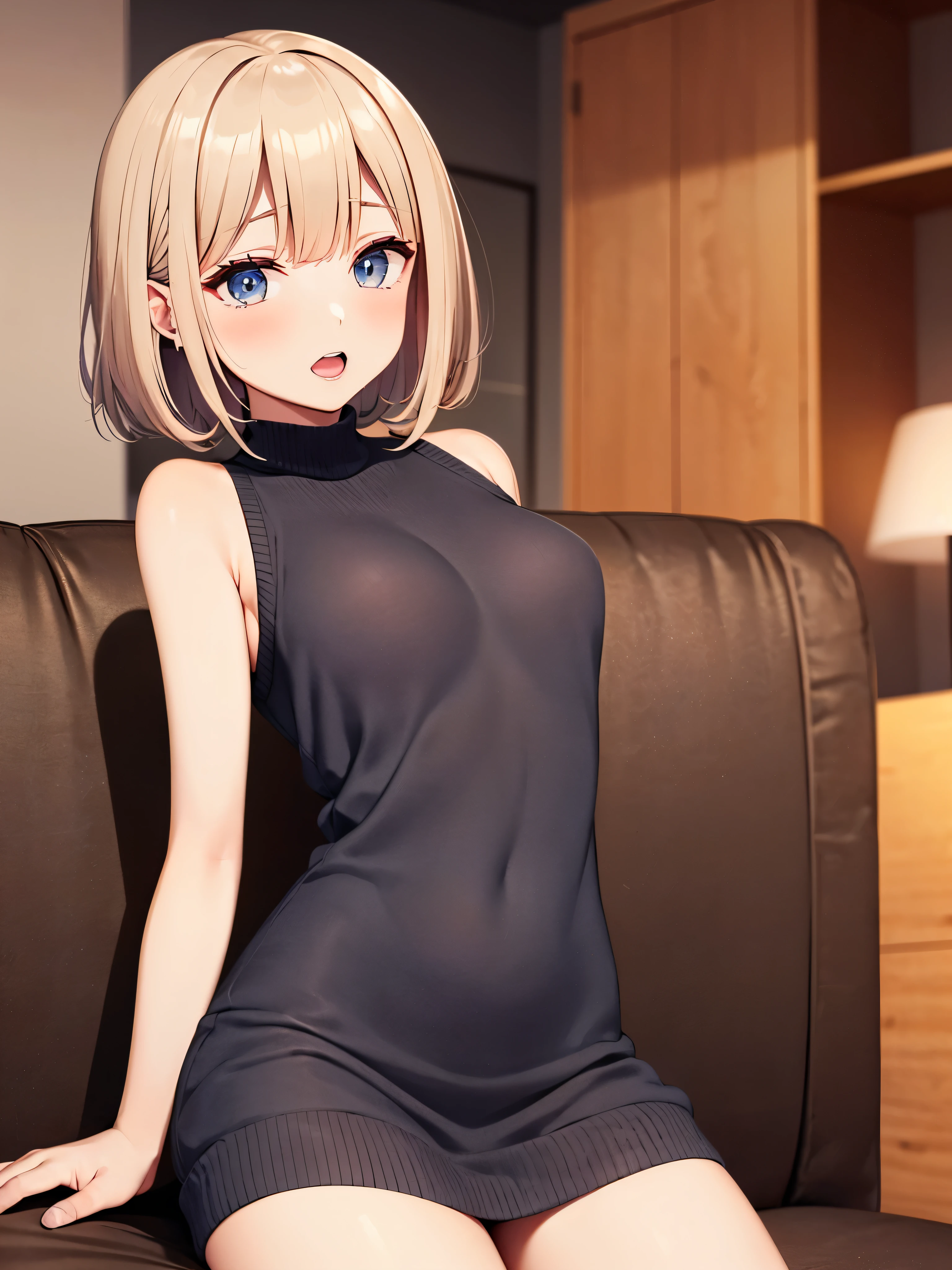 1 girl, golden hour lighting, sweater dress, (Idol), (attractive), ( short hair: 0.8), open your mouth, middle chest, ( sit on the sofa:1.3), (beautiful detailed face:1.2)