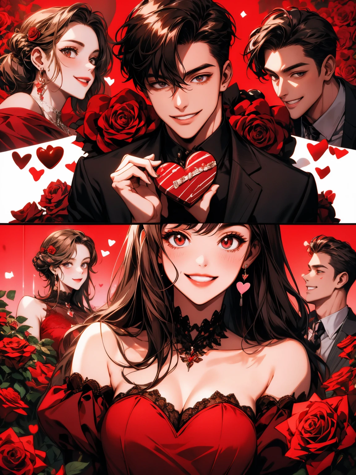 masterpiece, collage of couple, 1 guy, 1 woman, valentine, happy, smile, chocolate, roses, hearts