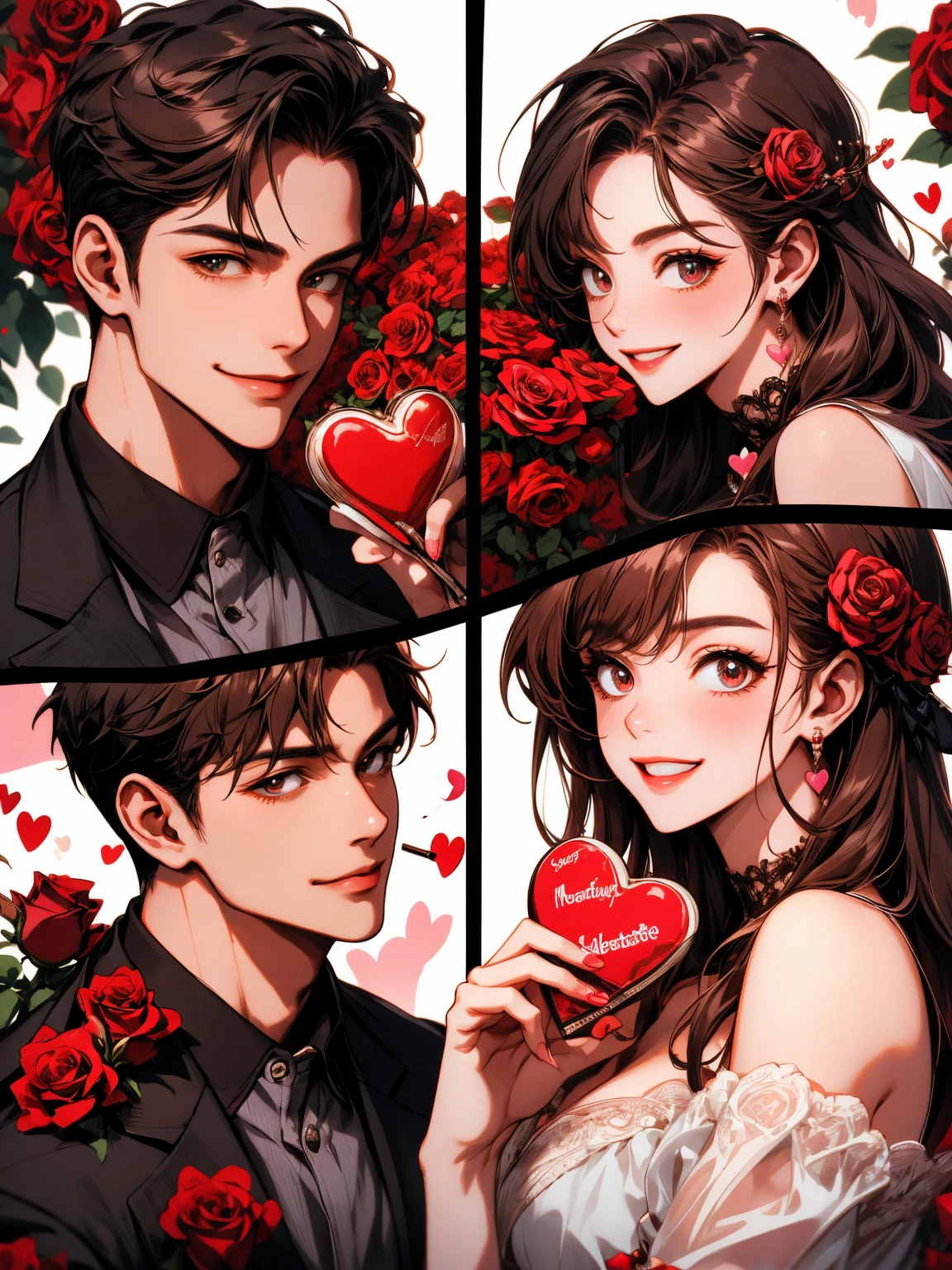 masterpiece, collage of couple, 1 guy, 1 woman, valentine, happy, smile, chocolate, roses, hearts