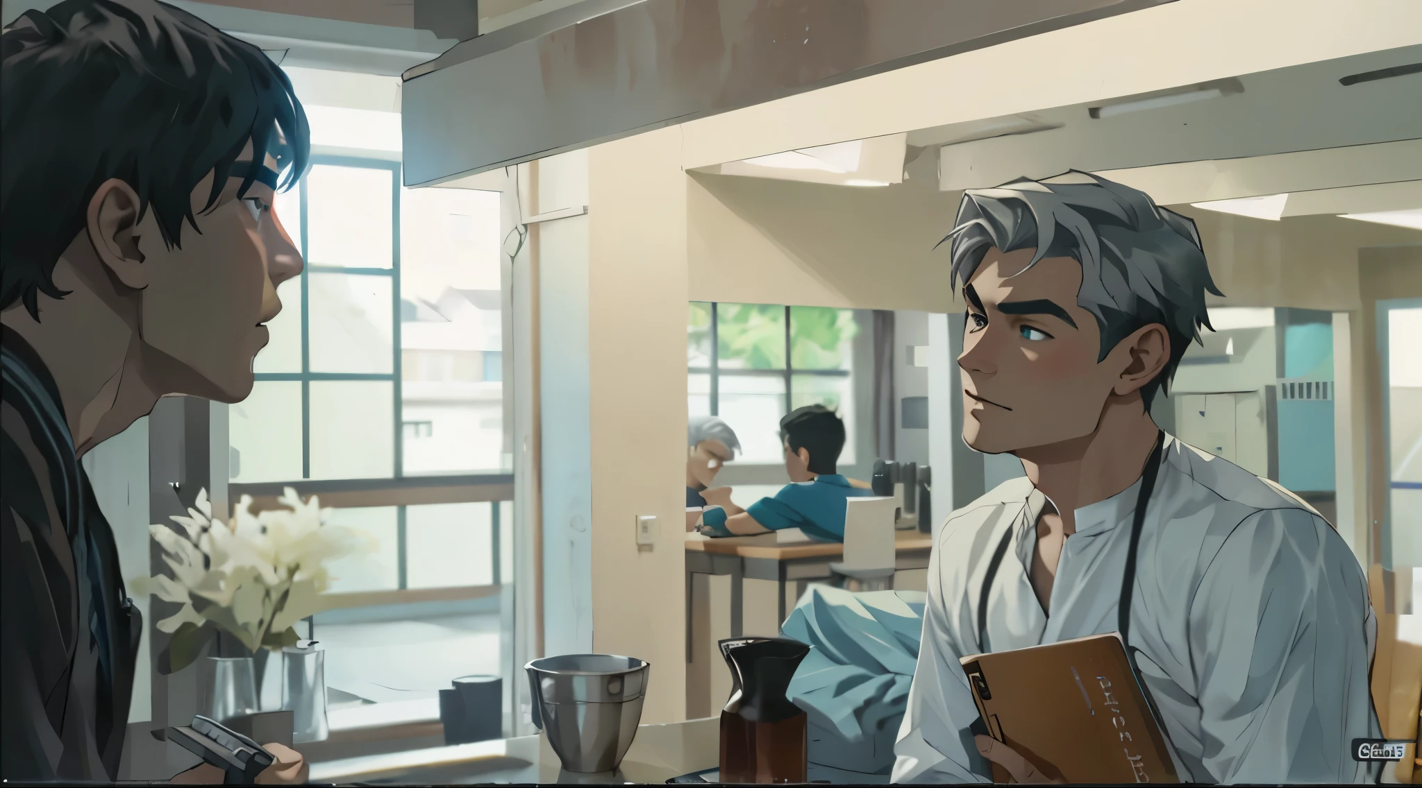 There are two 16-year-old boys with silver hair, they are looking at each other and talking about something important.