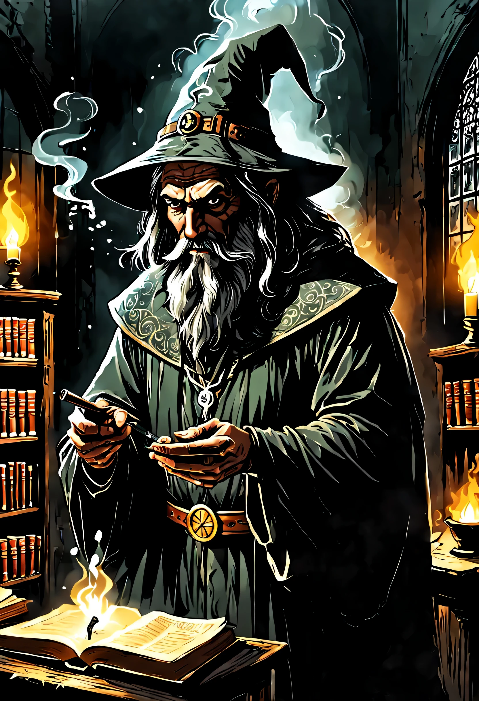 best quality, masterpiece, super detailed, A wizard smokes in an ancient library, dark fantasy, middle Ages, Strange,