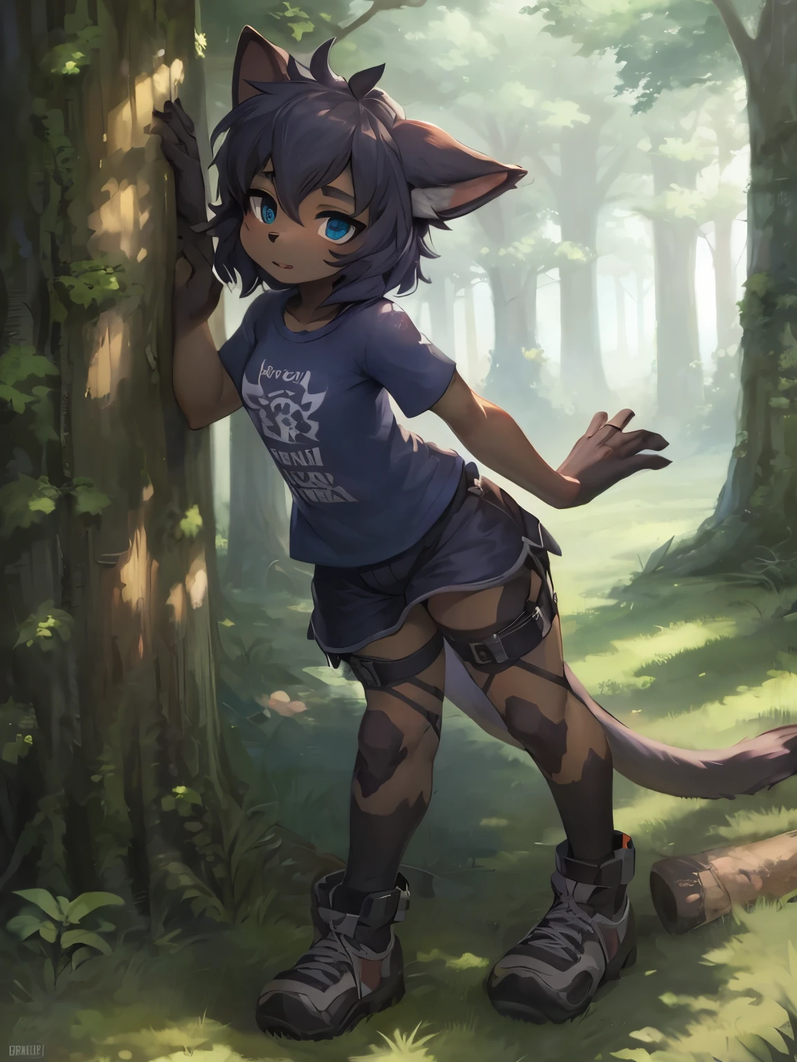Anime girl with cat ears, Schwarzes Fell, black skinned, dunkle Haut, schwarze Haut, that runs through a forest, blaue Augen, Commission for high-resolution images, OC-Kommission, Full body commission for, ein Anthro-Wolf, Anime-Moe-Kunststil, Full body portrait of a short film!, cute anime catgirl, hochwertiger Anime-Kunststil, Im Anime-Stil, hochwertiges Fanart, 8k Wald, blue shirt, white short pants