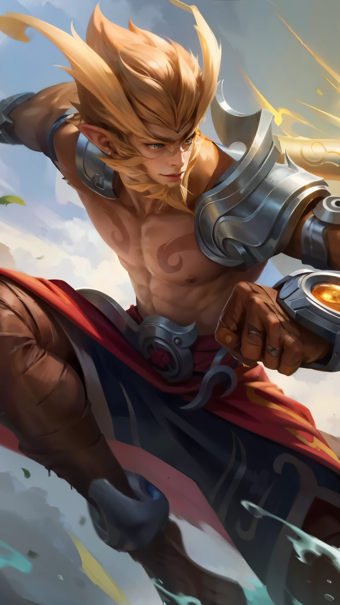 Best quality, masterpiece, detailed skin texture, detailed clothes texture, detailed face, super detail, 8k, intricate detail, 1 boy, The color doesn't change, Muscle guy, 1 guy, "The Monkey King Wukong, a legendary character in Chinese mythology, portrayed in an epic and visually stunning masterpiece. Capture his fierce and mischievous nature, emphasizing his iconic golden staff and mystical abilities. Set in a vibrant and fantastical world, filled with ancient temples, floating islands, and swirling clouds. Show the Monkey King in a dynamic pose, exuding power and confidence. Rendered in high-resolution CG with impeccable attention to detail, creating a truly immersive and awe-inspiring artwork,8k, super detail, elf ear.