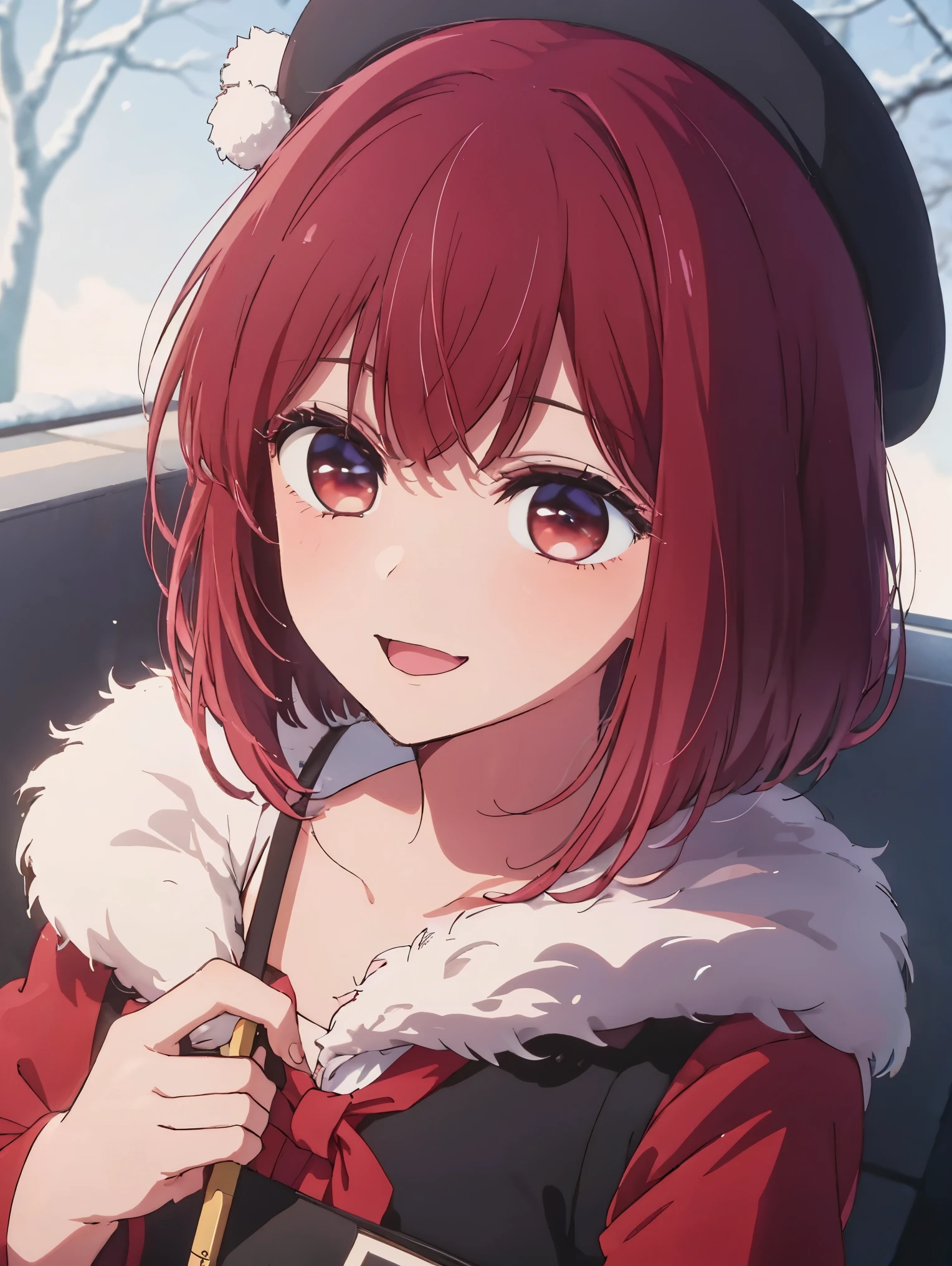 masterpiece、very detailed、(1 girl:1.2)、redhead、Big eyes、Close-up、smile、short hair、(((anime style)))、(((2D)))、red eyes、open your mouth、(((Winter clothes)))、8K、
