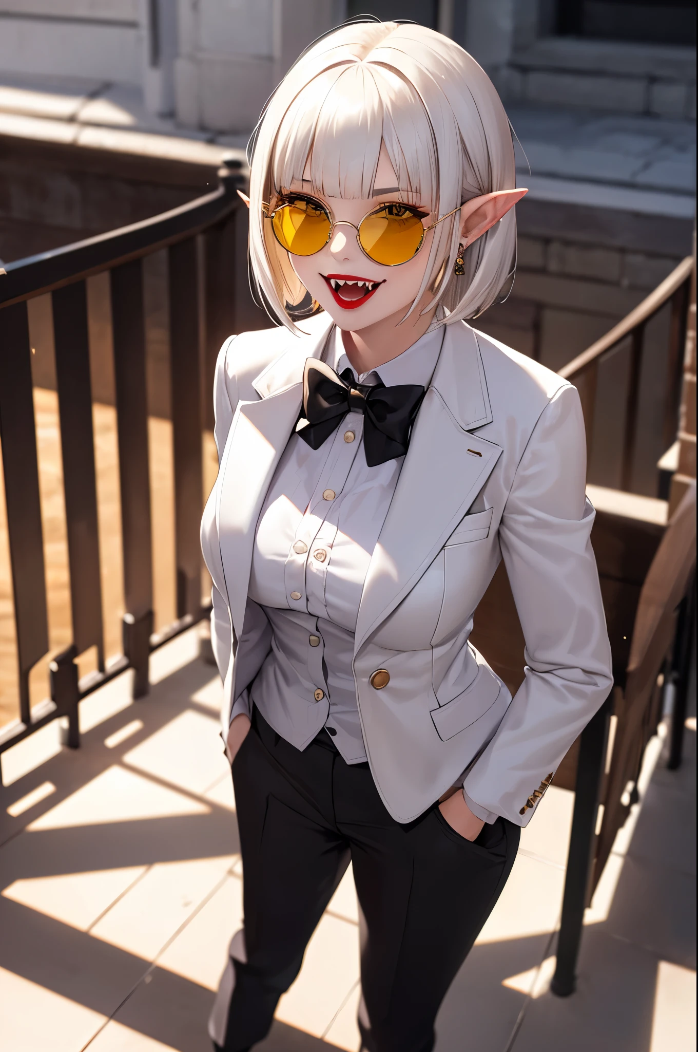 (masterpiece, absurdres, best quality:1.2), 1girl, solo, 1girl, portrait, precise, full body, finely detail, depth of field, shine, highres, original, perfect lighting, colorful, centered, realistic face, photorealism, (white business suit and trousers, jacket, tuxedo, platinum hair, bob cut, ring earrings, red lipstick),fantasy castle background, fantasy dungeons, vampire mistress, (pointy ears, pointy teeth, Sharp fangs, vampire teeth), blunt bangs, (breasts), (glasses, sunglasses, round tinted yellow glasses)
