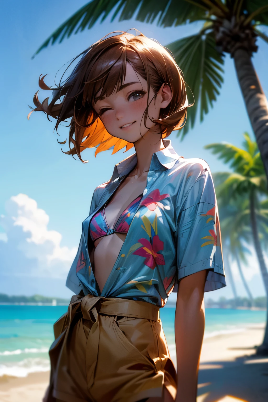 ((Masterpiece)), ((best quality)), (High Definition:1.3), (Professional Photography:1.2), (short sleeve hawaiian shirt, aloha shirt:1.3), (open shirt:1.4), (happy smile:1.3), denim hotpants, pale thighs, (beautiful teenage girl), pale brown hair, (medium hair), beach, blue sky and sea, one eye closed, (small waist), 8k, official art, raw photo, incredibly absurdres, facelight, dynamic lighting, cinematic lighting, (bikini top), ultra realistic, highres, film grain, chromatic aberration, sharp focus, highest detailed, (palm tree), extremely detailed eyes and face, (Hair that flutters in the wind),