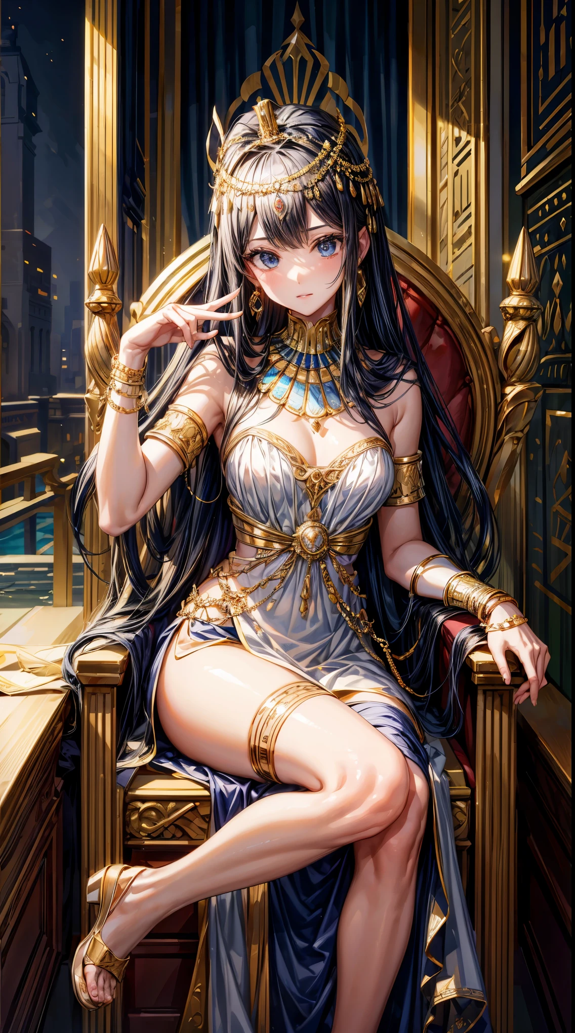 masterpiece、highest quality、Ultra high definition、egyptian princess、golden accessories、sitting on the throne、inside the palace