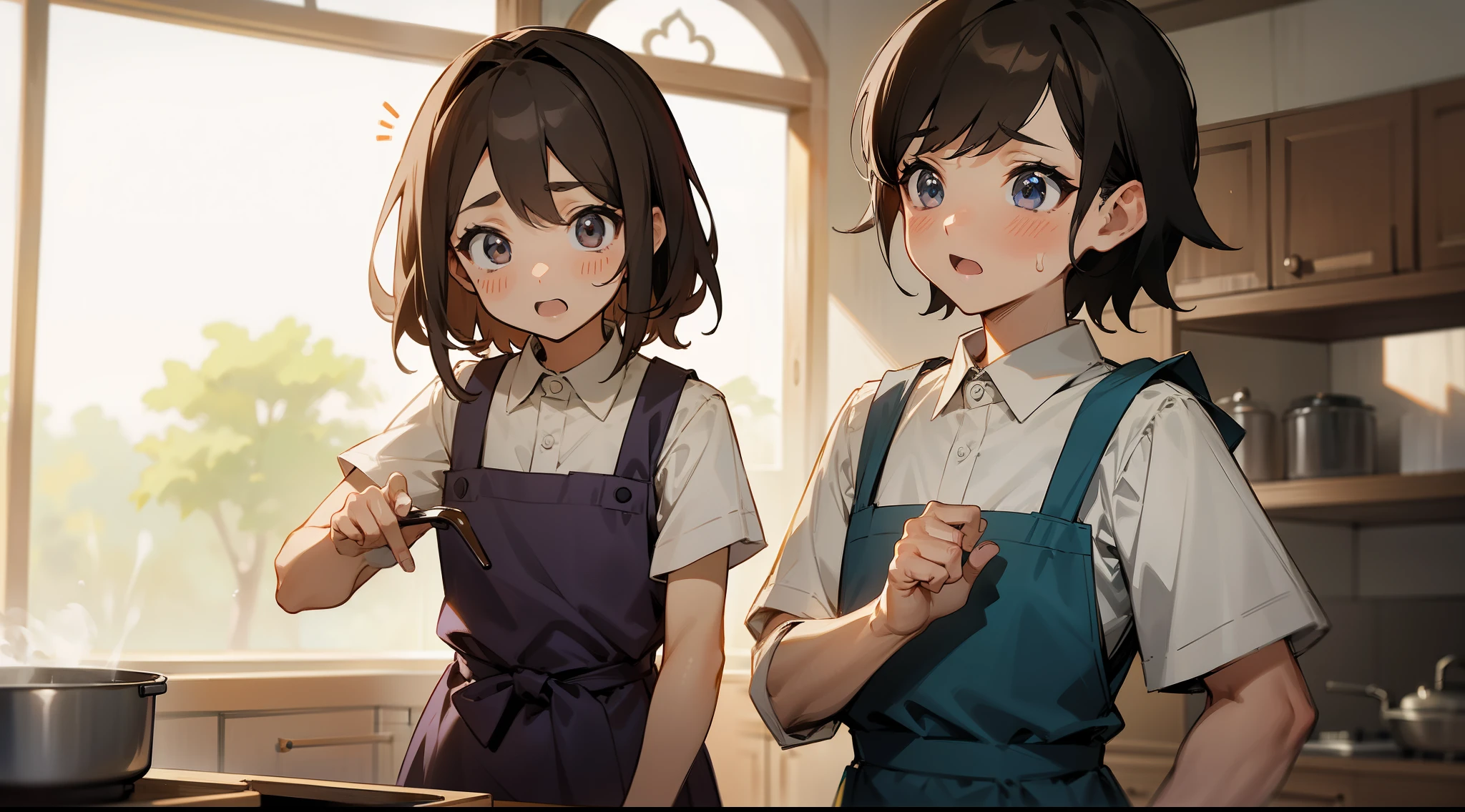 male、apron、Surprised face、kitchen、black hair