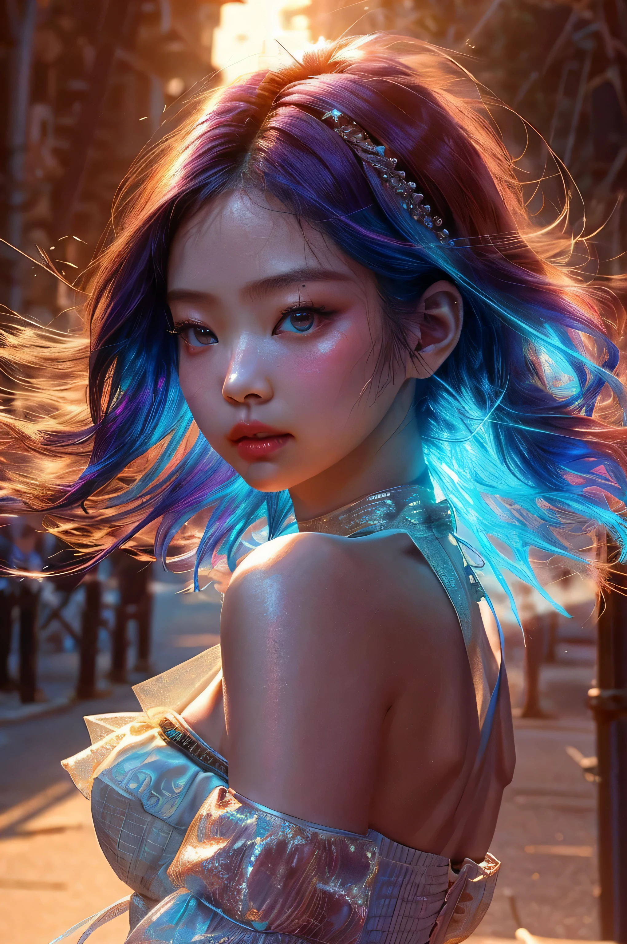 film style, the most outstanding photo in the world, Asian beauty, mesmerizing eyes, (((narrow face))), (((narrow nose bridge))), full and inviting lips, flawless skin, (few natural freckles:0.7), (((colorful hair in the wind))), (((rim light on the face))), slim figure, sexy and cute girl, pronounced feminine feature, amazing body, street in sunset, neon lights, intricate, highly detailed, extremely hyper aesthetic, masterpiece, highest quality, lens flare, dramatic lighting, sharp focus, photorealism, HDR, 8K, mannerism, cinematography, by Adrian Zingg and johnson ting, Jennie Kim, 