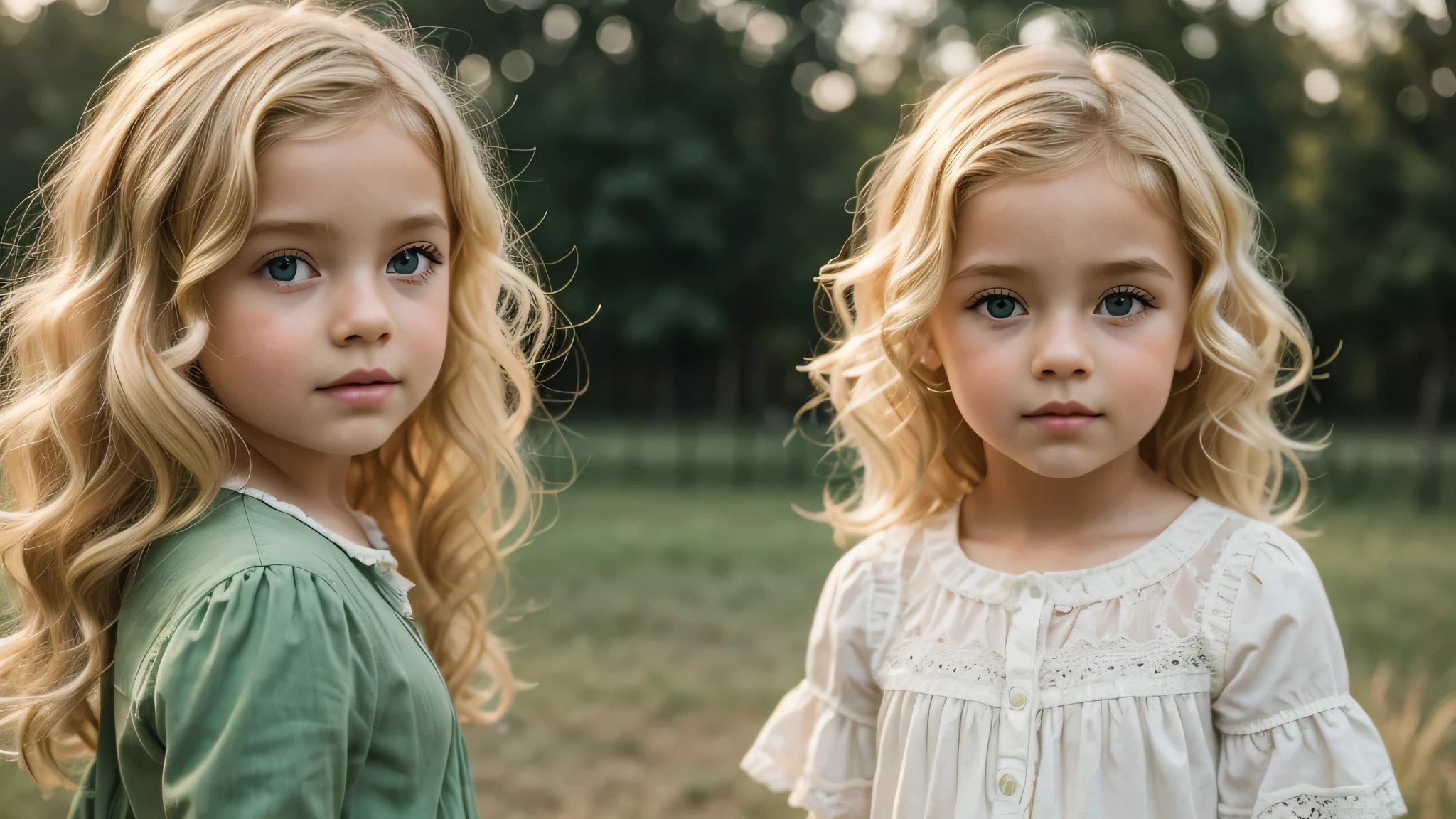 girl blonde kids curly hair vintage, background green, ultra realistic, 8k