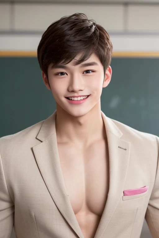 (head shot), (handsome high school muscular boy), (he is showing his chest and wearing white and pink school blazer),  handsome muscular high school man in the classroom of high school,  mischievous smile, 