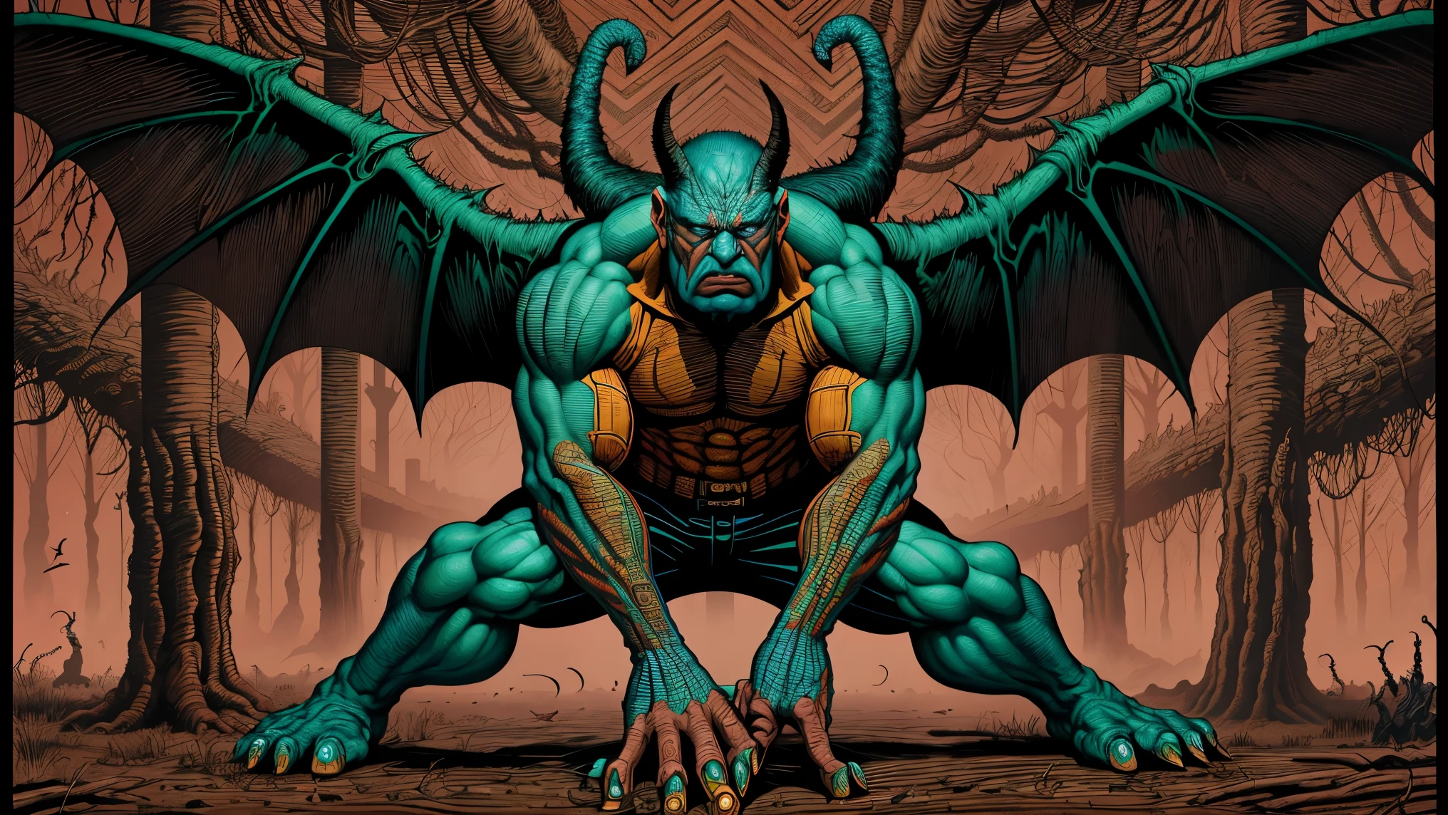 a poster of a man holding a bat in front of a giant monster, el bosco and dan mumford, in the art style of dan mumford, inspired by Dan Mumford, in the style dan mumford artwork, by Dan Mumford, ( ( ( ( ( dan mumford ) ) ) ) ), anton fadeev and dan mumford, dan mumford and alex grey style