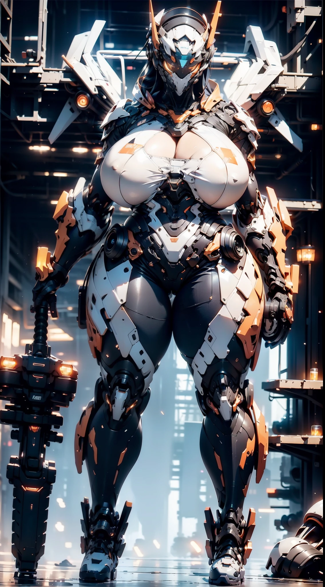 mecha_musume, 1 Girl, Cyborg Girl, Cyberpunk, long_hair, science_fiction, Solo, Headgear, holding_weapon, Mecha, Standing, Bare Belly and Head, Wide Angle, Super Fine, Cinematic Still Life, Perfect Eyes, Highest Image Quality 8K, Masterpiece shot by Canon EOS R 6 "Chaos." 50, Ray tracing, surrealism, textured skin, looking viewer, gradient background, perfect composition, Mecha warrior,ultrarealistic uhd face, (huge fake :1.4), (gigantic breasts:1.1), (muscle abs), (big butt), (wide hips), (thick thighs), slim waist, nude, Enlarged breasts,Breast-huge,A plump chest,Full Tits,Bigchest,breasts too large,Extra large breasts,Realisticstyle,Deep cleavage,perfect bodies,milk,seminude,Clothes are tattered, see-through, nude