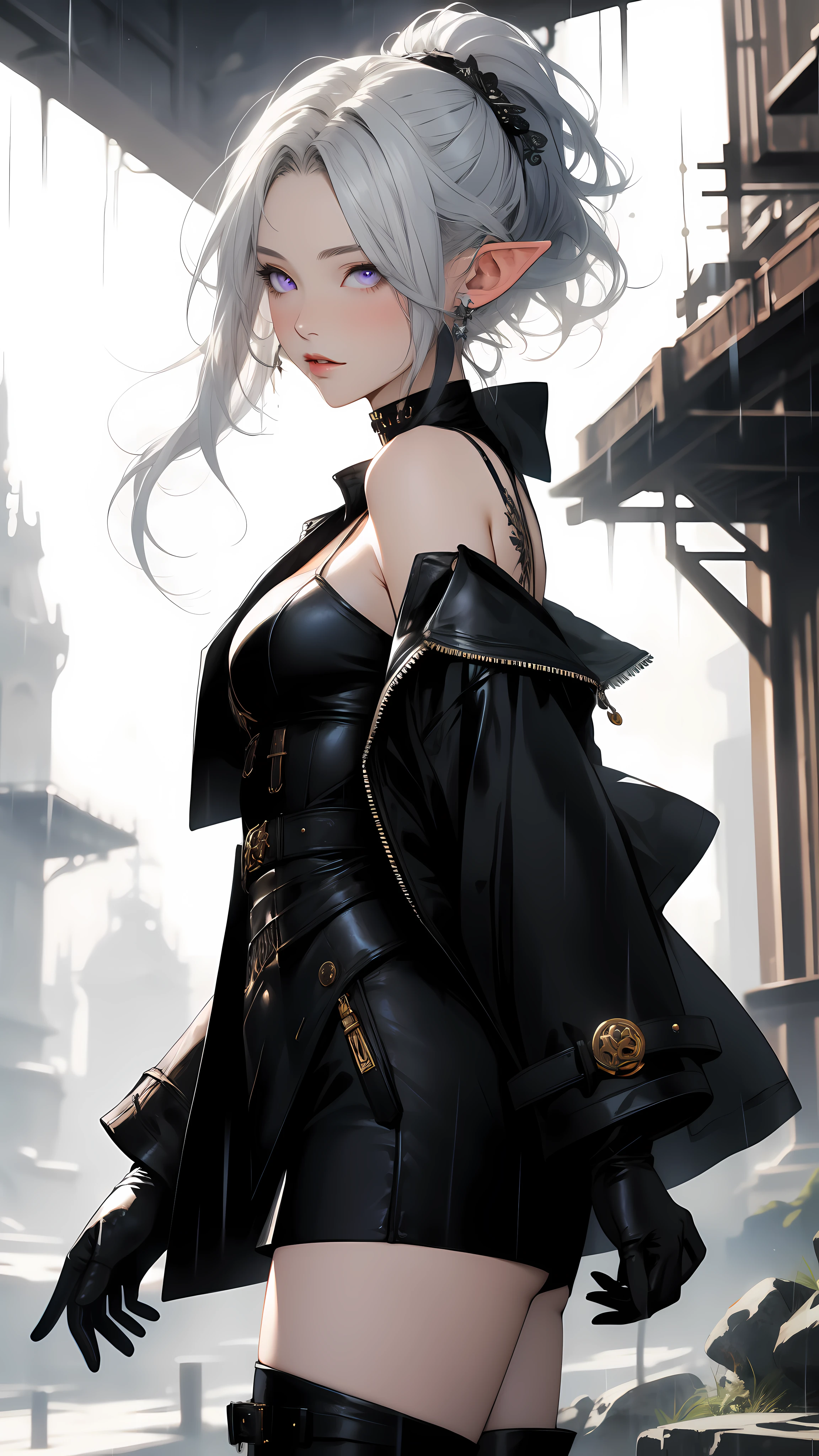 ((masterpiece)), ((best quality)), ((highres)), ((detailed background)), (elf), (1girl), cute girl, ((rock jacket)), black clothing, low ponytail hair, parted bangs, (hair over one eye), white hair, violet eyes, insanley detailed face and eyes, Perfect lips, (ear piercing), glowing, choker, dress, pantyhoses, cowboy shot with white boots, rainy, gloves, bare shoulders, fantasy painting  by Artgerm, by Kawacy, by Yoji Shinkawa,
