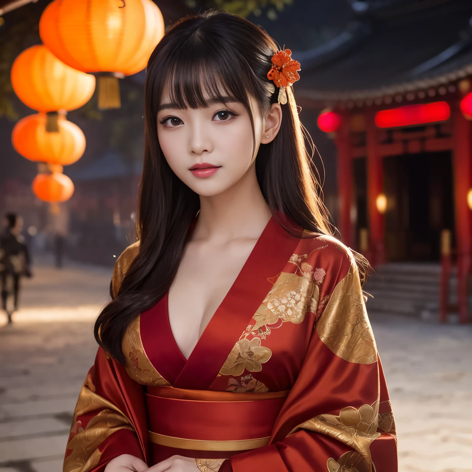 (highest quality、table top、8K、best image quality、Award-winning work、Ultra high definition)、(A very young Chinese prostitute of :1.2)、The most luxurious and elegant hair ornament for courtesans、Elegant long-sleeved kimono of the most luxurious and elegant prostitute、(胸と肩が露わになった妓女のelegant red kimono:1.2)、(Red furisode that exposes the chest and shoulders:1.2)、The most elegant and cute prostitute、elegant red kimono、Small cleavage、small breasts、perfect makeup、Bright red lipstick、(A bewitching smile staring at me:1.1)、red eyeshadow、Ultra high definitionの光沢のある唇、glossy dark lipstick、Ultra high definitionの煌めく瞳、Ultra high definitionの美しい歯、Ultra high definitionの髪の毛、Ultra high definitionの艶のある美肌、Ultra high definitionの幼くて可愛い顔、(accurate anatomy:1.1)、(close up of face:1.35)、standing elegantly、Clothes that do not expose skin、The most elegant hairstyle、the most romantic atmosphere、blurred background、The moodiest appearance of a Chinese garrison、(The most moody lantern lighting:1.1)、(the moodiest orange fog:1.2)、The most natural and perfect appearance of a garrison house、precise and perfect architecture、完璧な本物の中国のred light district、Exterior view of the most glamorous Chinese garrison house、Flower Street、brothel、red light district、House of