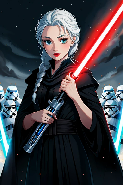 Disney princess from Frozen dressed in a black Sith robe and holding a red Star Wars-style lightsaber in her hands, with the clone army in the background