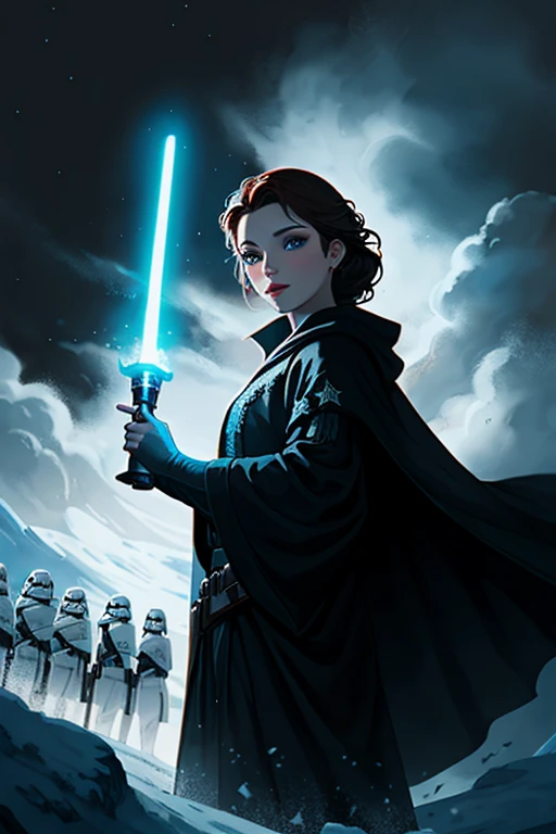 Disney princess from Frozen dressed in a black Sith robe and holding a red Star Wars-style lightsaber in her hands, with the clone army in the background