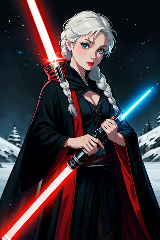 Disney princess from Frozen dressed in a black Sith robe and holding a red Star Wars-style lightsaber in her hands, with the clone army in the background