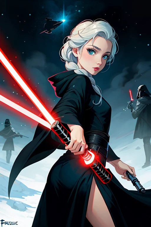 Disney princess from Frozen dressed in a black Sith robe and holding a red Star Wars-style lightsaber in her hands, with the clone army in the background