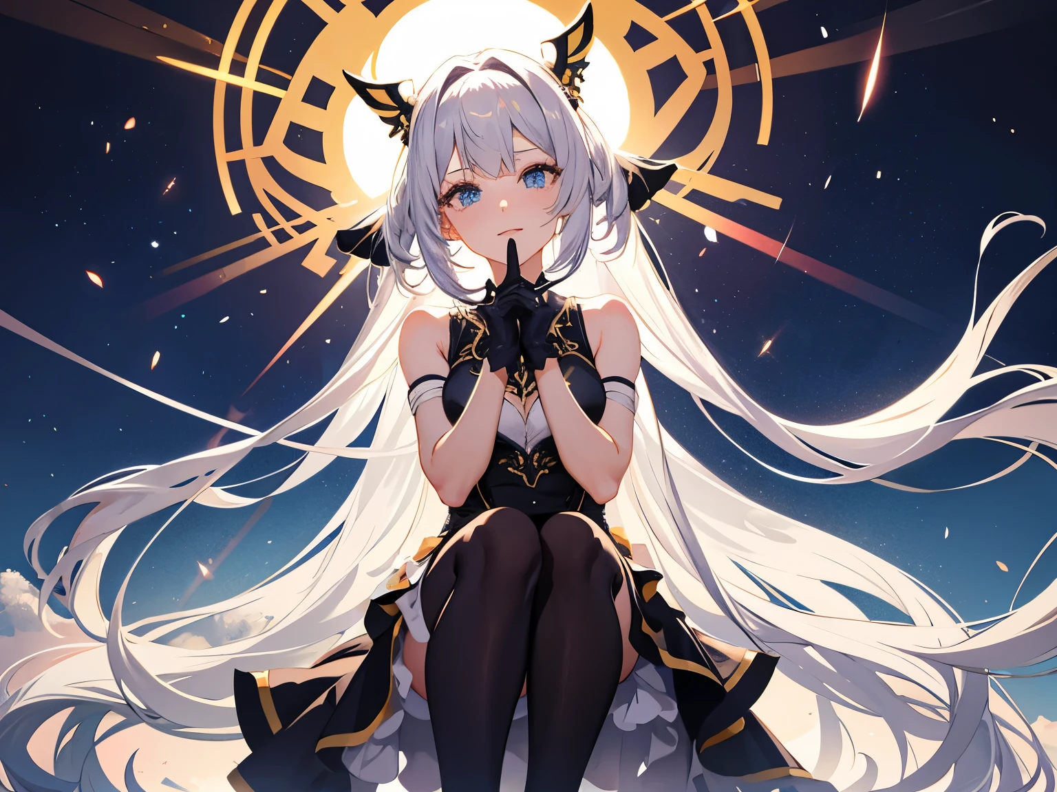 beautiful (zxzxberna), Complex colorful hair with , sunlight, beautiful lighting, vivid lighting, Complex, very detailed, elegant, Smooth, 1girl, medium bob,bangs,silver hair,shiny hair,tsurime,black gloves,Maid clothes、black pants stockings,light smile,leaning forward,crossed arms,hold up an index finger to one's mouth,suspicious,no exposure of both legs.