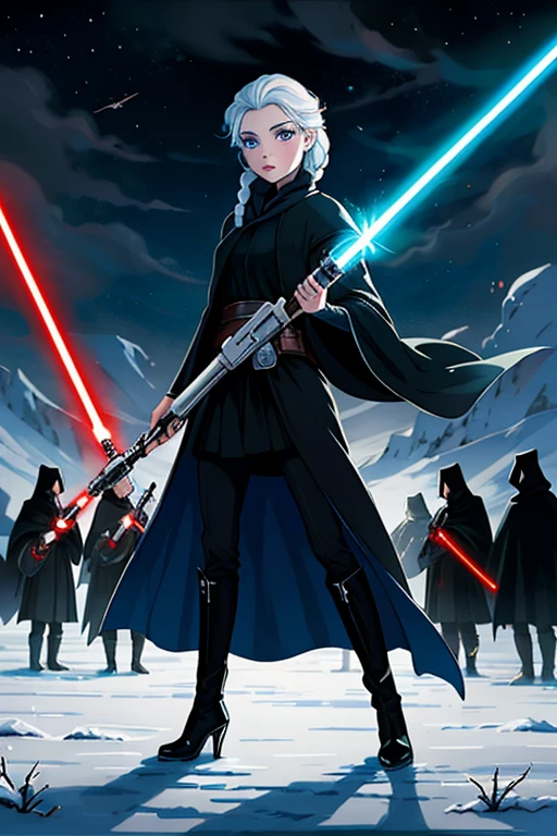 Disney princess from Frozen dressed in a black Sith robe and holding a red Star Wars-style lightsaber in her hands, with the clone army in the background