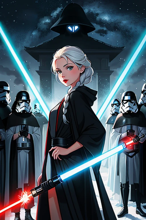 Disney princess from Frozen dressed in a black Sith robe and holding a red Star Wars-style lightsaber in her hands, with the clone army in the background