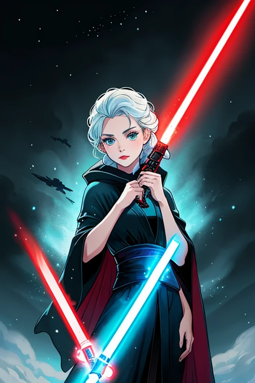 Disney princess from Frozen dressed in a black Sith robe and holding a red Star Wars-style lightsaber in her hands, with the clone army in the background